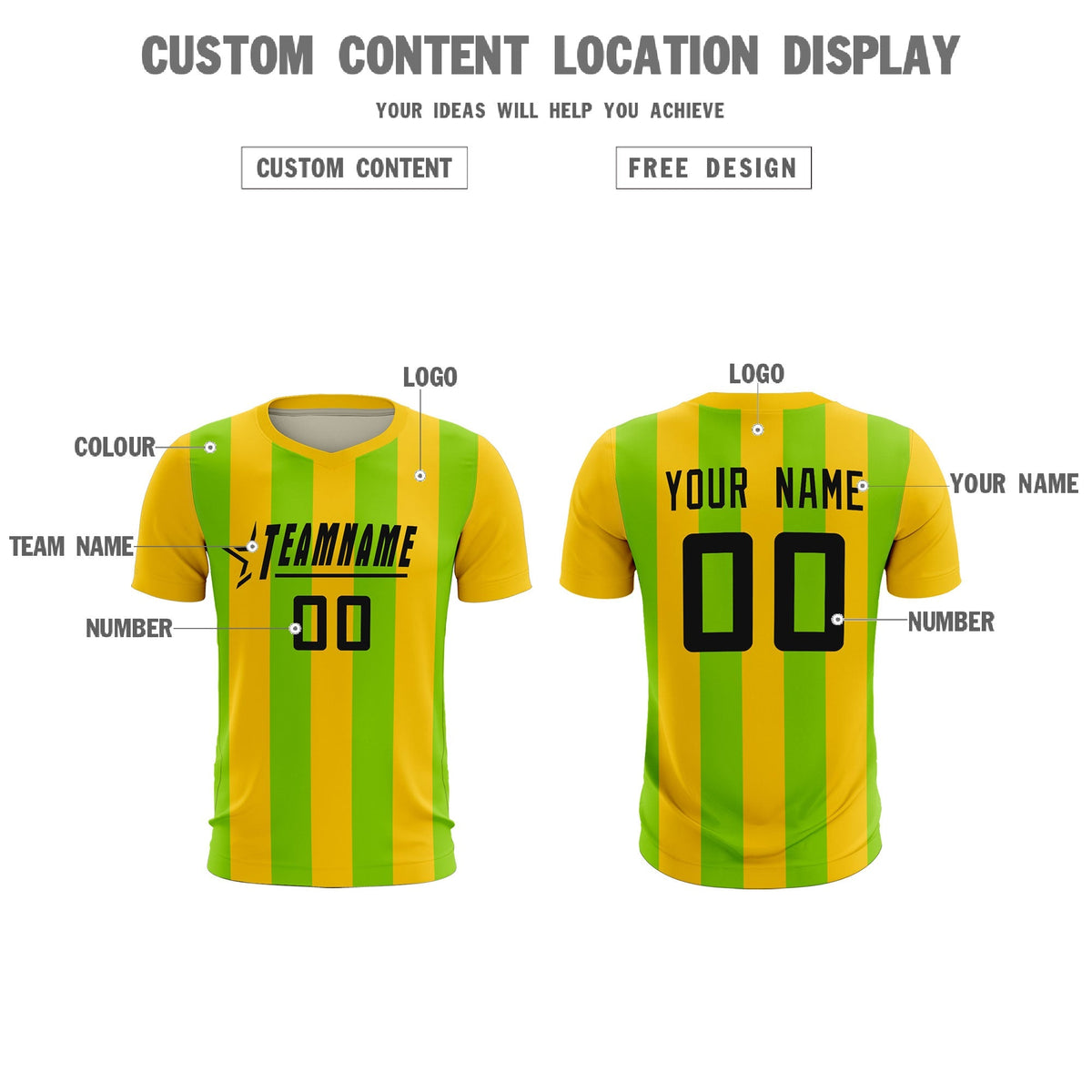 Custom Gold Neon Green Vertical Stripes Casual Outdoor Soccer Sets Jersey