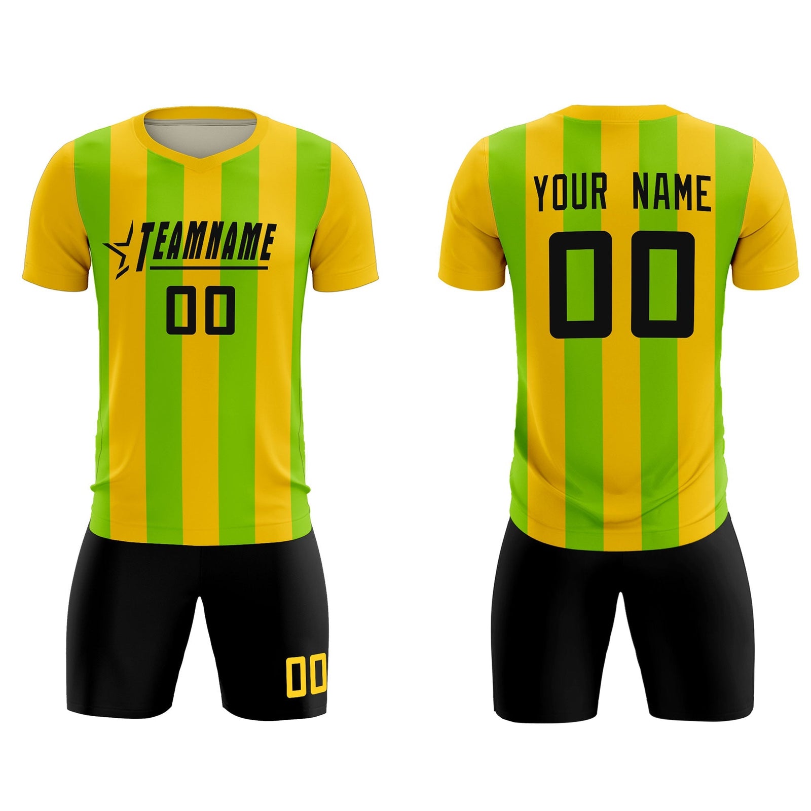 Custom Gold Neon Green Vertical Stripes Casual Outdoor Soccer Sets Jersey