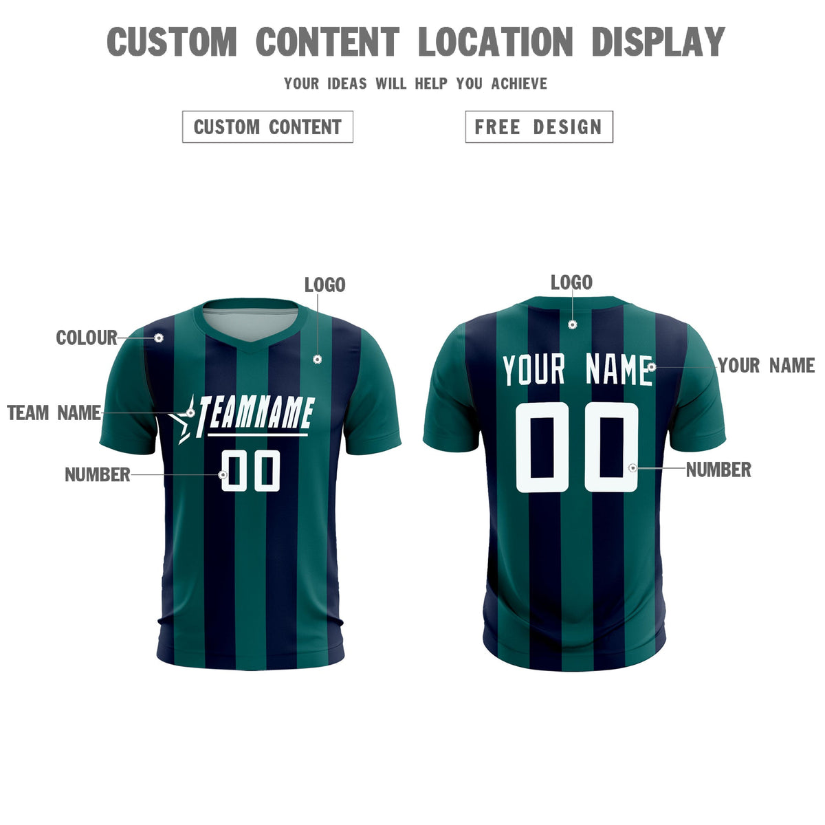 Custom Aqua Navy Vertical Stripes Casual Outdoor Soccer Sets Jersey