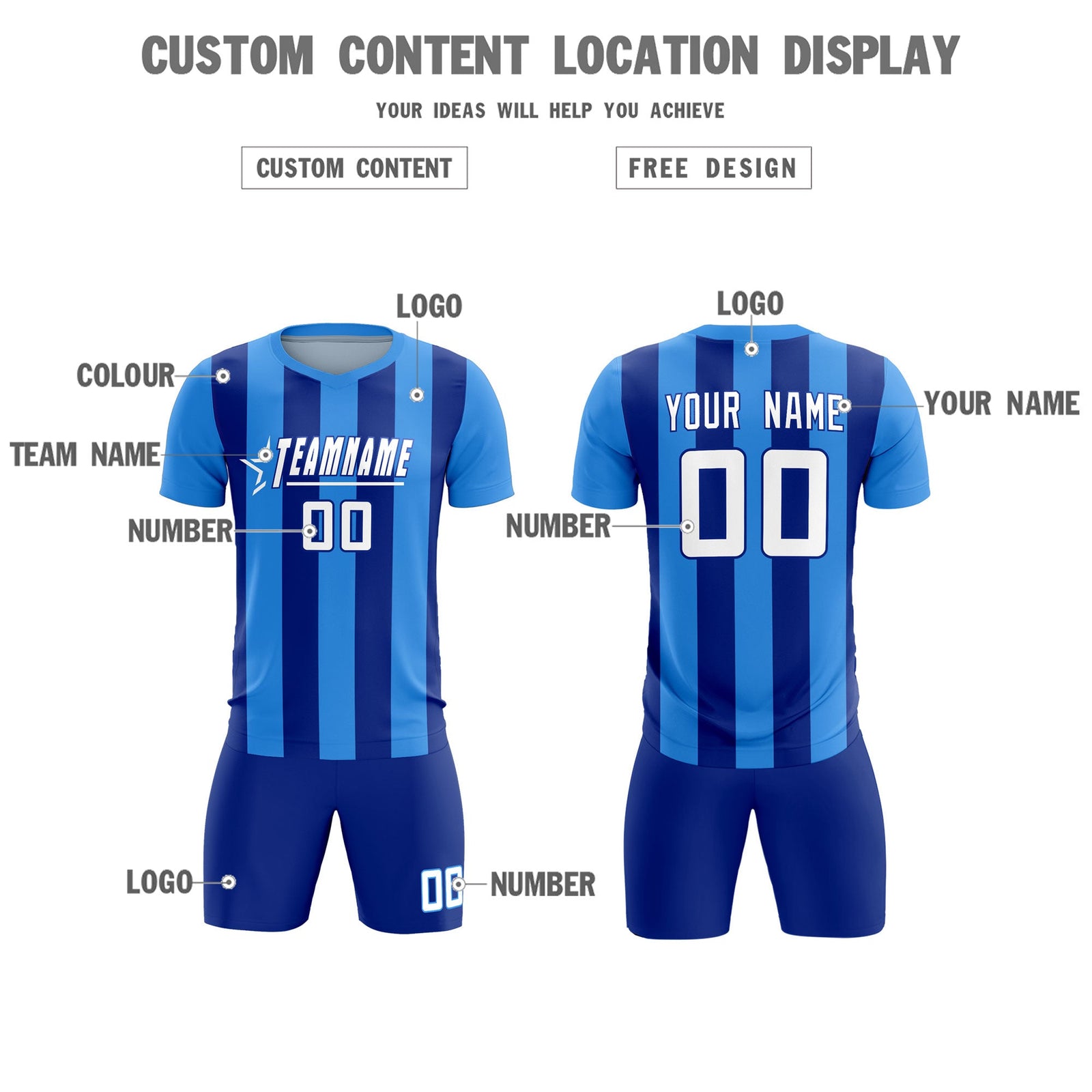 Custom Powder Blue Royal Vertical Stripes Casual Outdoor Soccer Sets Jersey