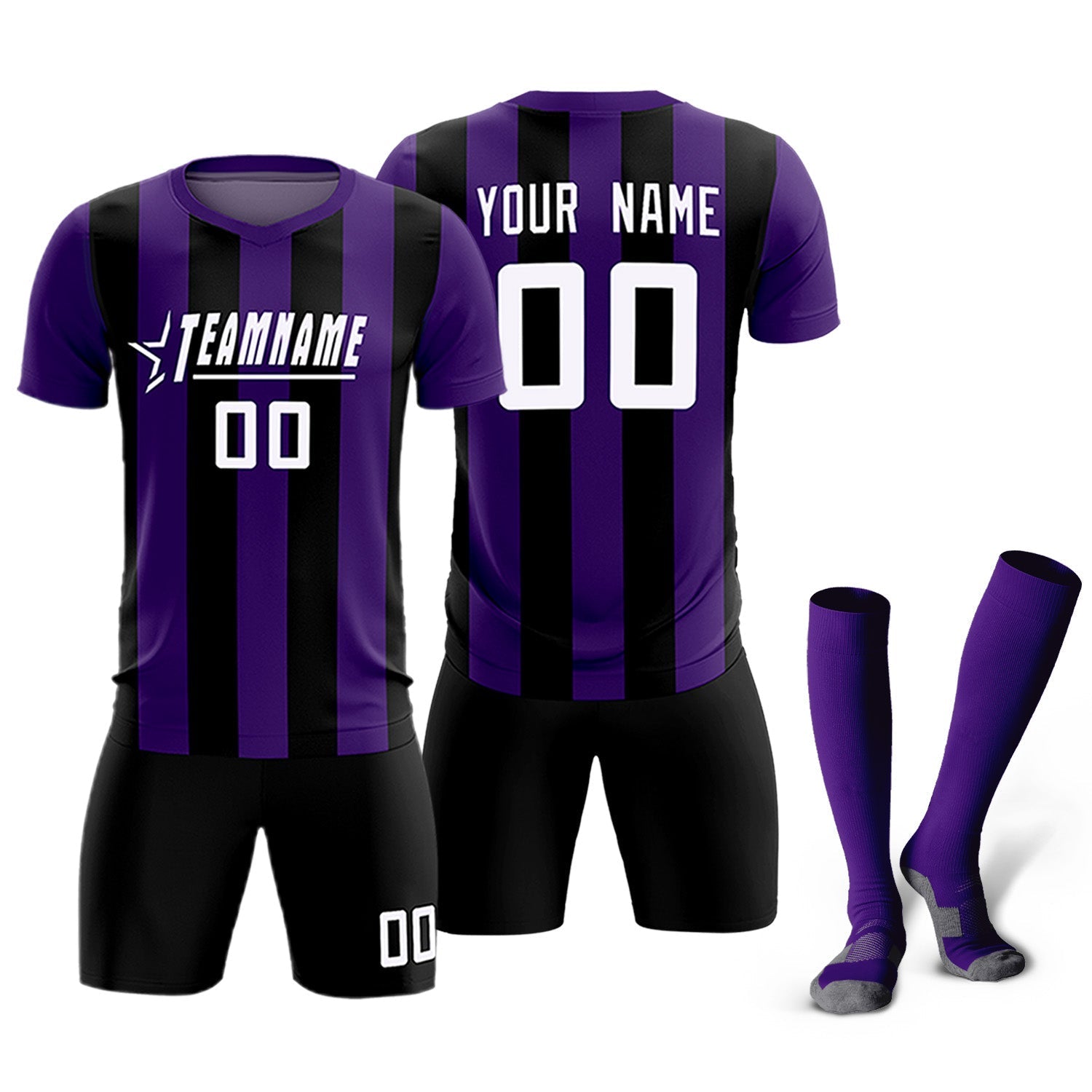 Custom Purple Black Vertical Stripes Casual Outdoor Soccer Sets Jersey