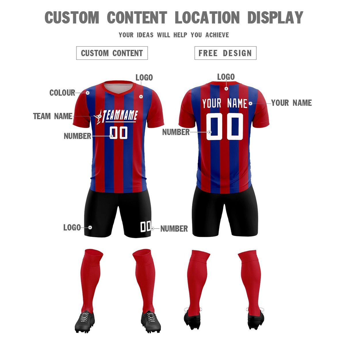 Custom Red Royal Vertical Stripes Casual Outdoor Soccer Sets Jersey