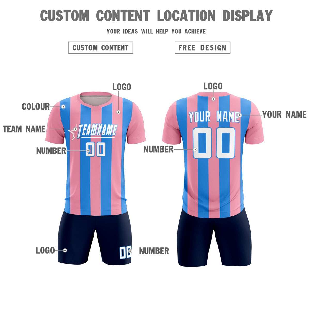 Custom Light Pink Powder Blue Vertical Stripes Casual Outdoor Soccer Sets Jersey