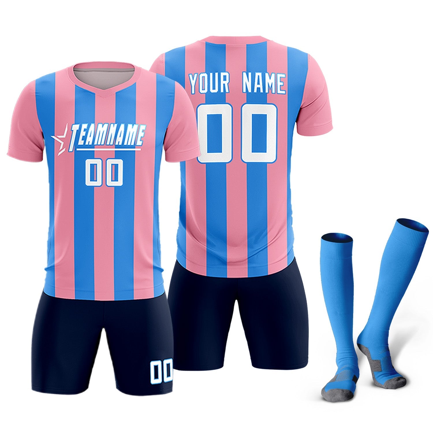 Custom Light Pink Powder Blue Vertical Stripes Casual Outdoor Soccer Sets Jersey