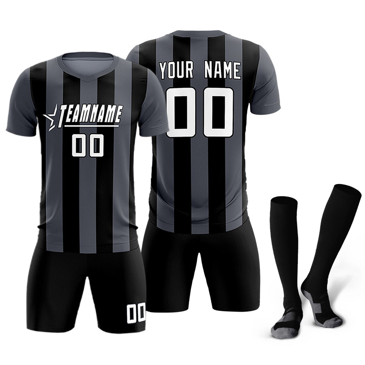 Custom Dark Gray Black Vertical Stripes Casual Outdoor Soccer Sets Jersey