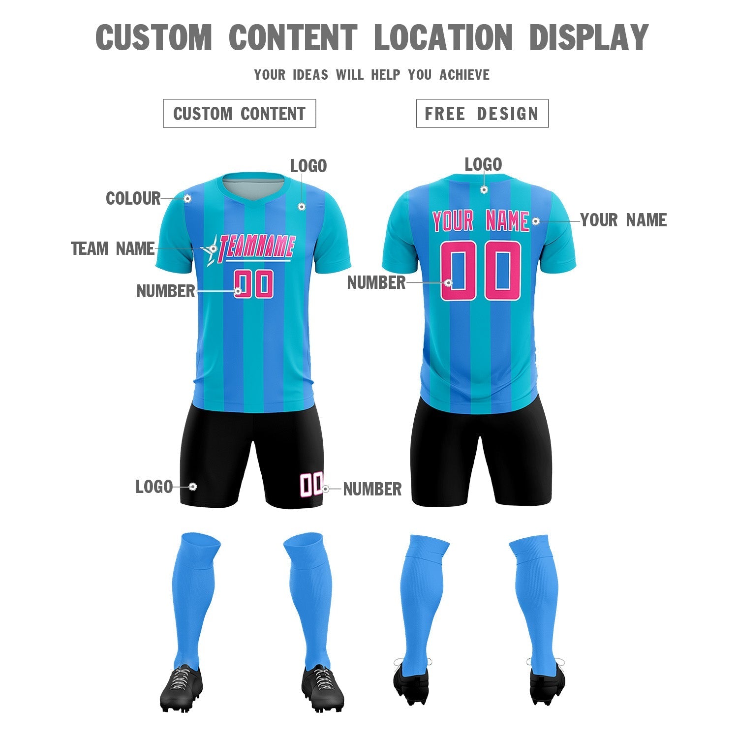 Custom Sky Blue Powder Blue Vertical Stripes Casual Outdoor Soccer Sets Jersey