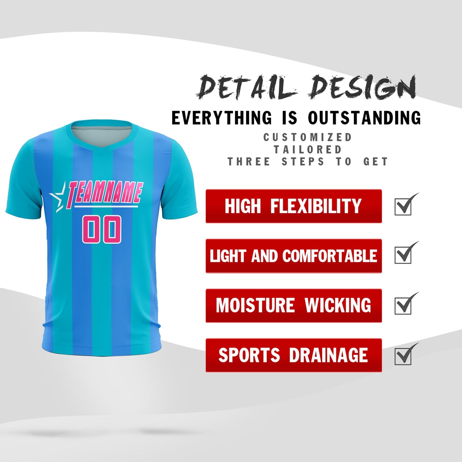 Custom Sky Blue Powder Blue Vertical Stripes Casual Outdoor Soccer Sets Jersey