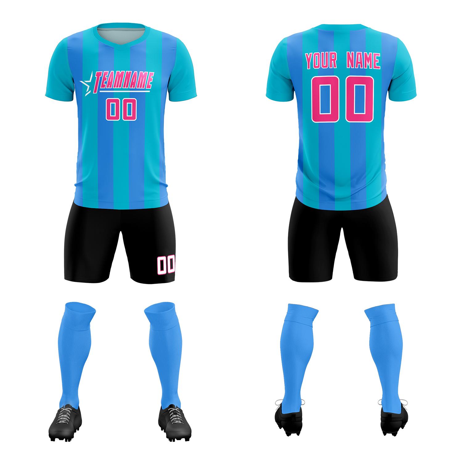 Custom Sky Blue Powder Blue Vertical Stripes Casual Outdoor Soccer Sets Jersey