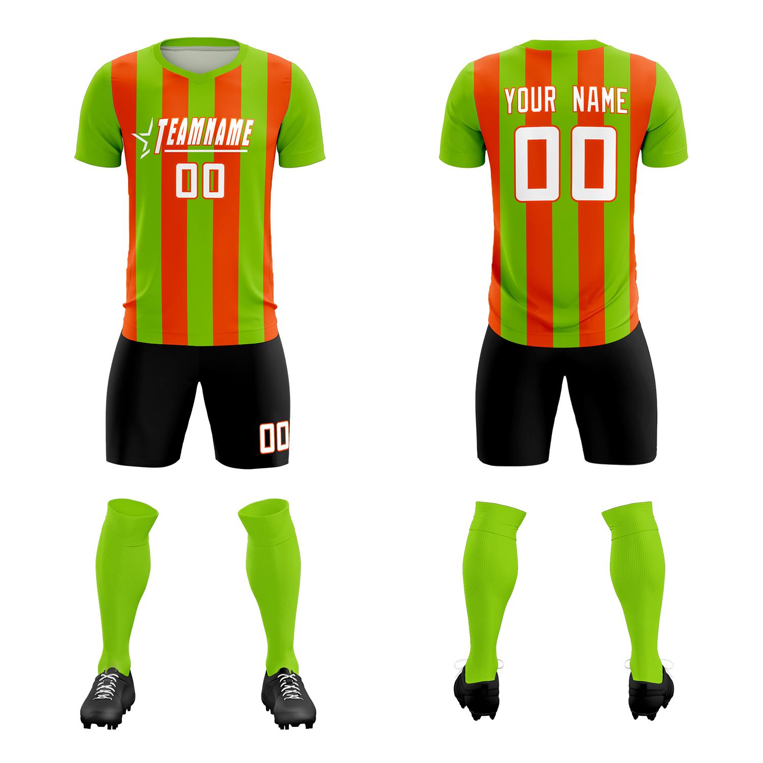 Custom Neon Green Orange Vertical Stripes Casual Outdoor Soccer Sets Jersey