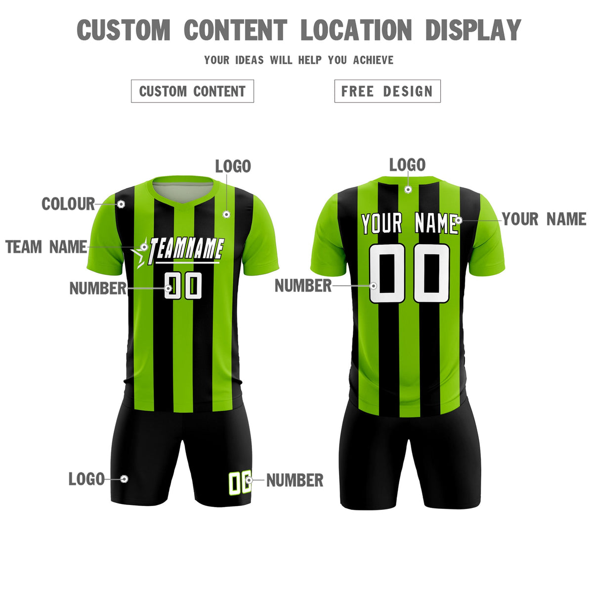 Custom Neon Green Black Vertical Stripes Casual Outdoor Soccer Sets Jersey
