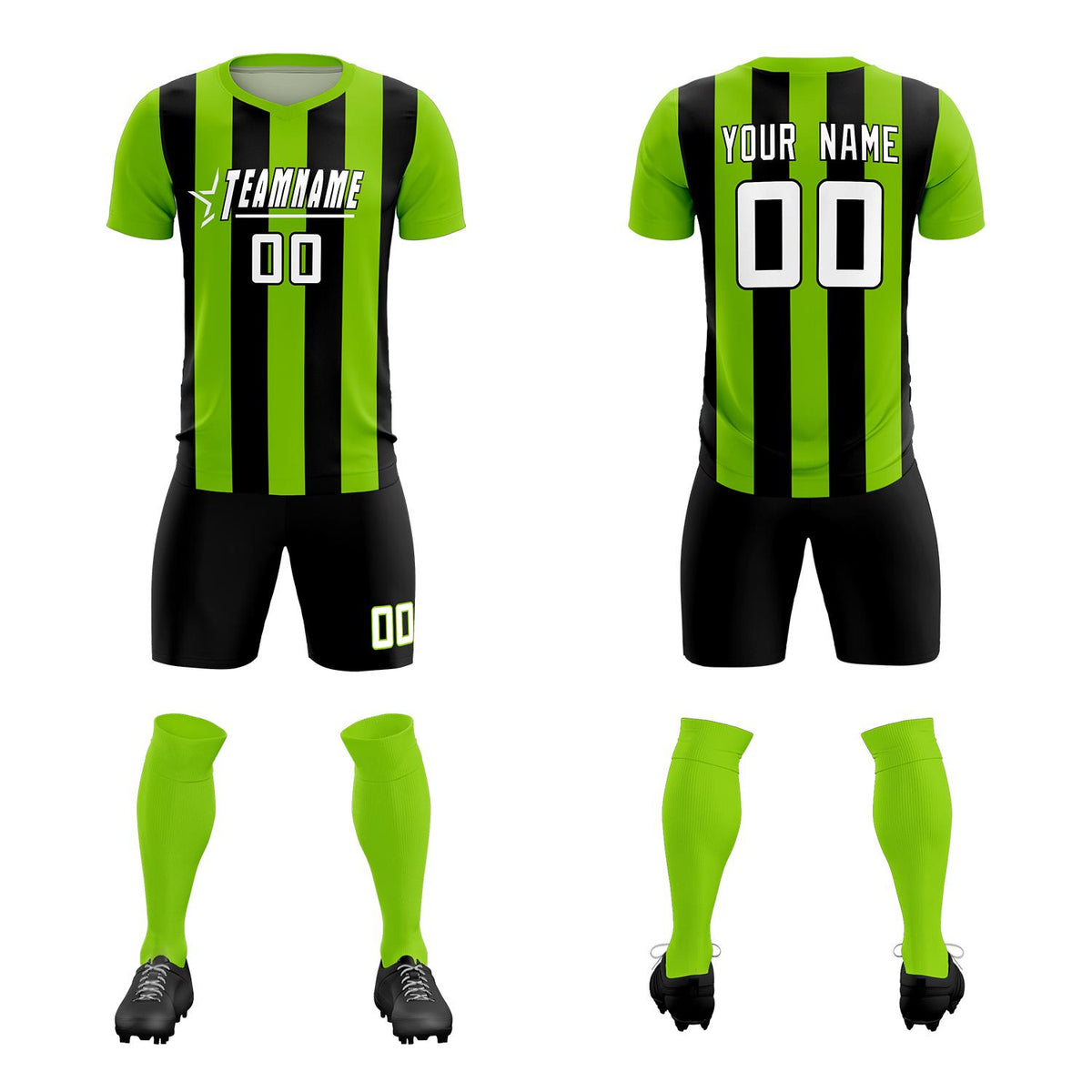 Custom Neon Green Black Vertical Stripes Casual Outdoor Soccer Sets Jersey