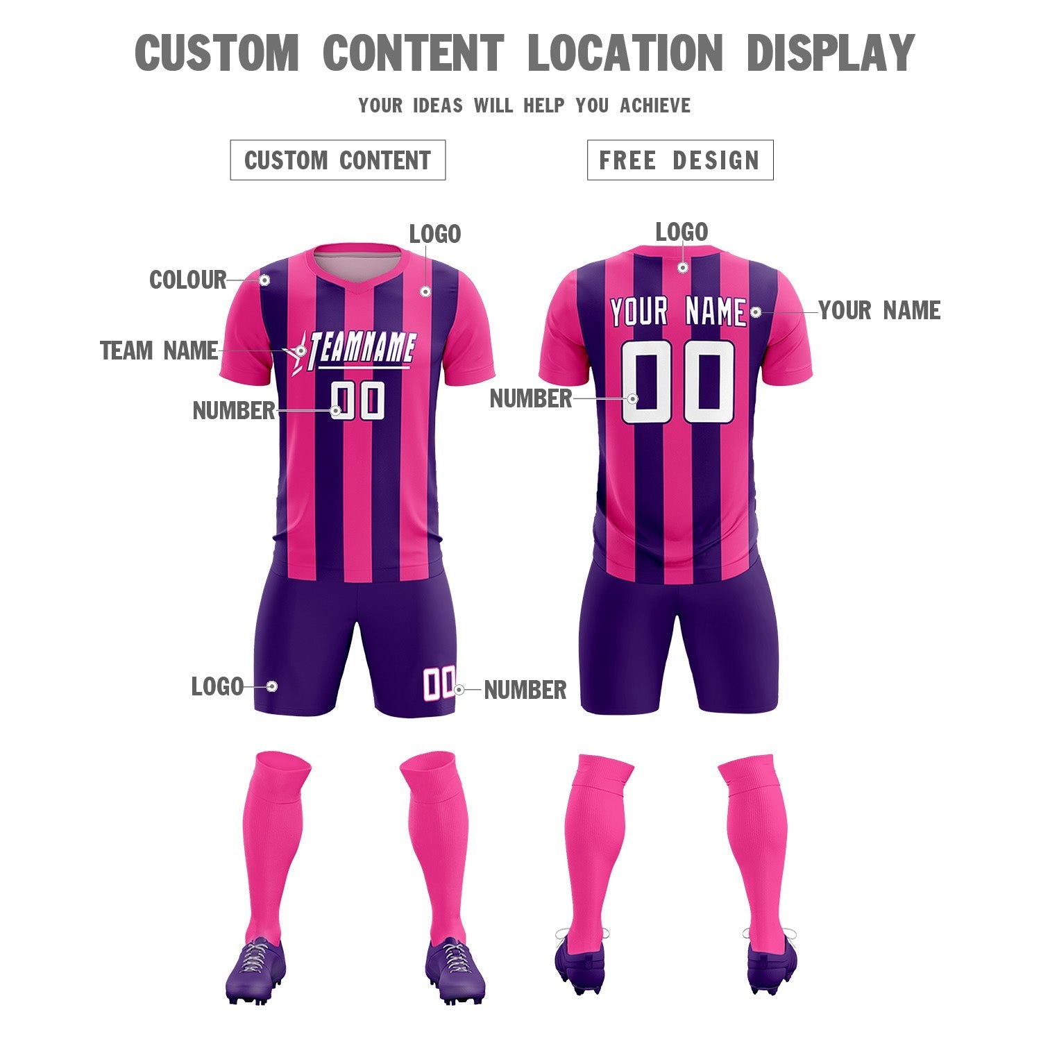 Custom Pink Purple Vertical Stripes Casual Outdoor Soccer Sets Jersey