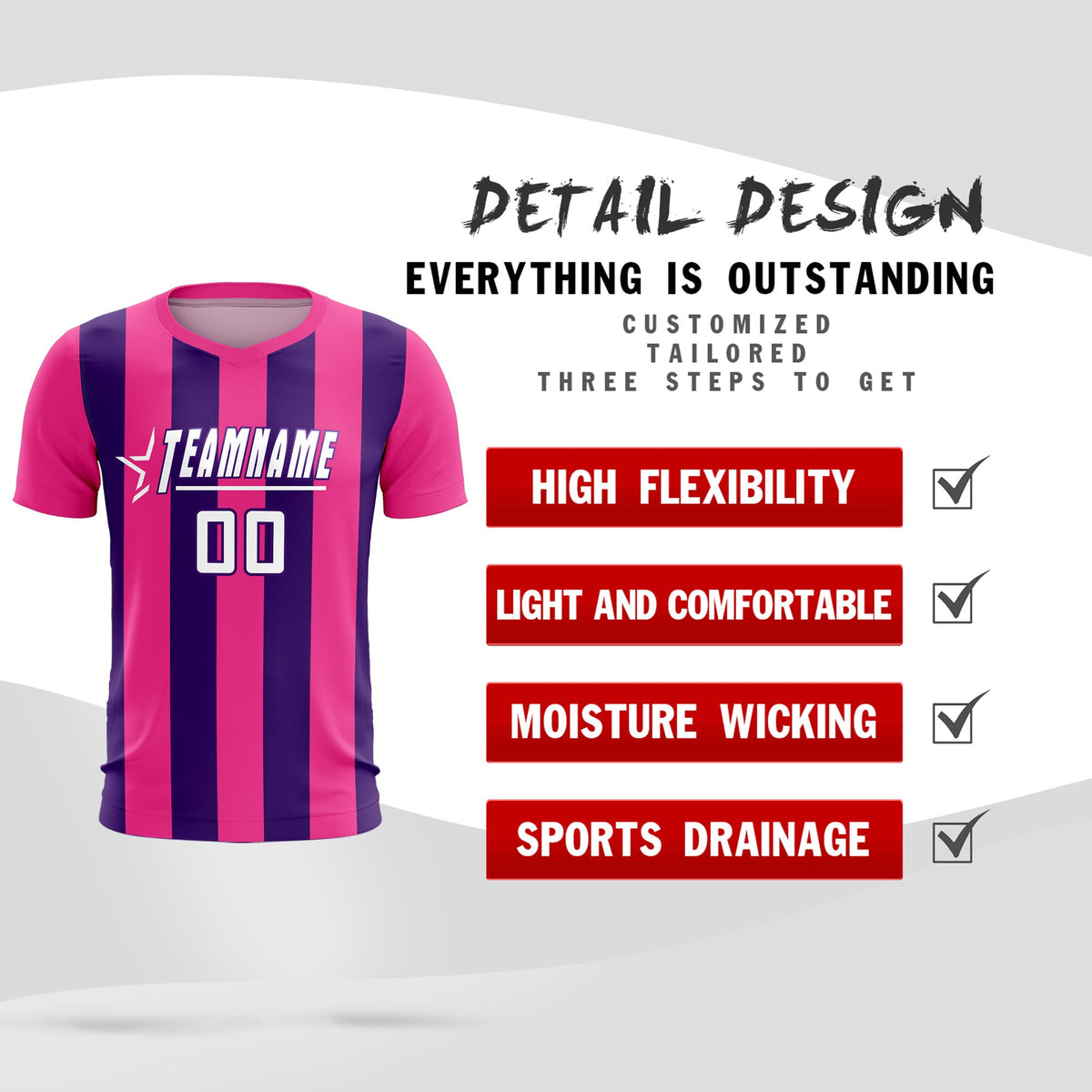 Custom Pink Purple Vertical Stripes Casual Outdoor Soccer Sets Jersey
