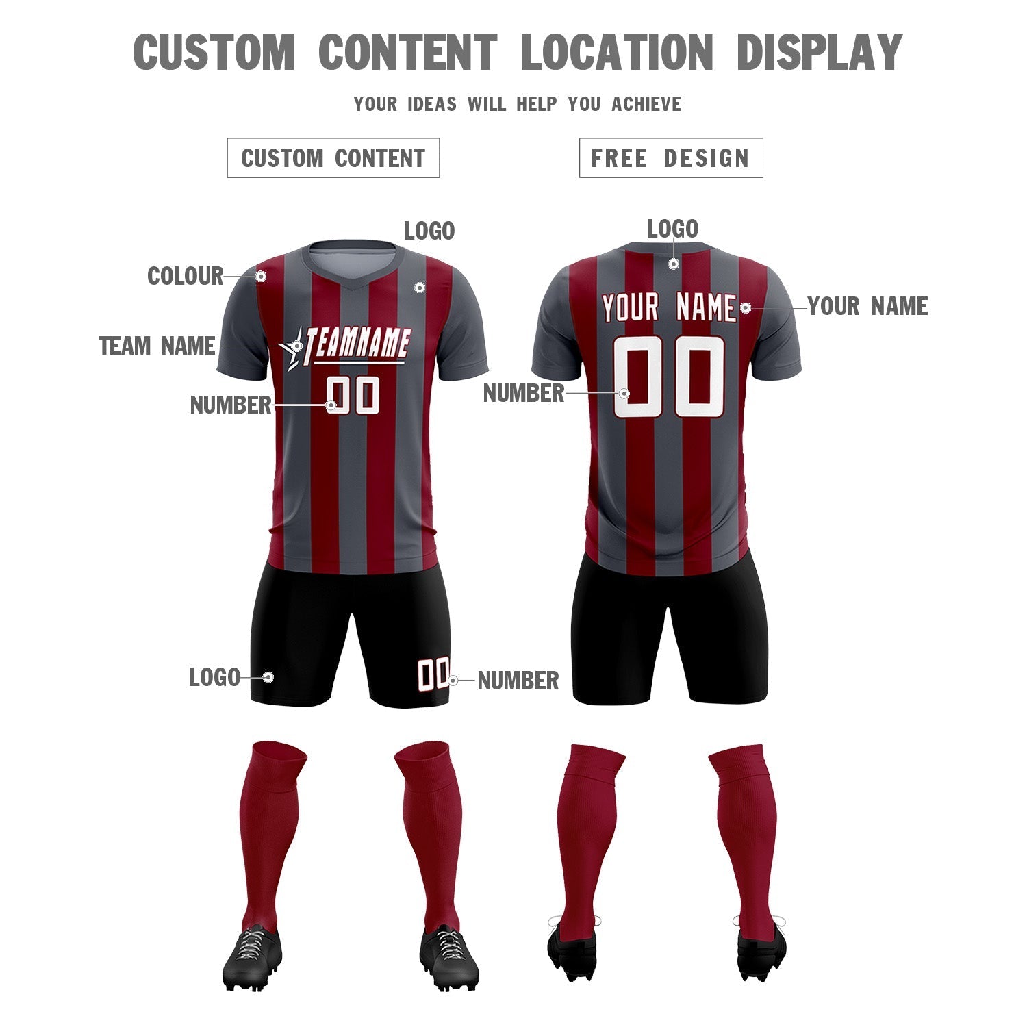 Custom Dark Gray Crimson Vertical Stripes Casual Outdoor Soccer Sets Jersey