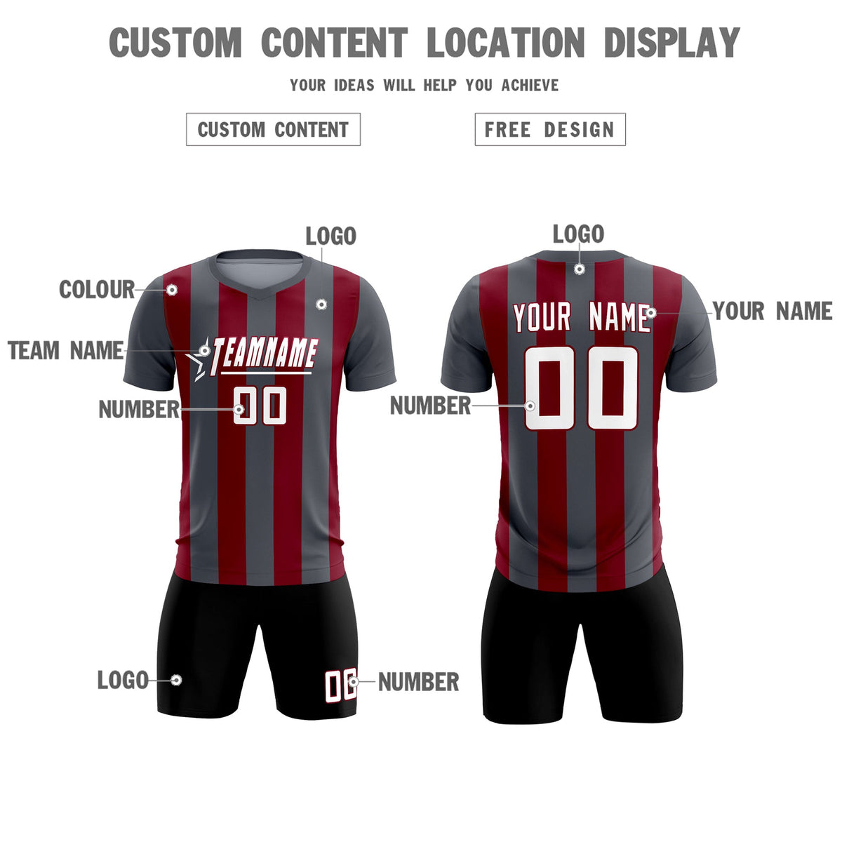 Custom Dark Gray Crimson Vertical Stripes Casual Outdoor Soccer Sets Jersey