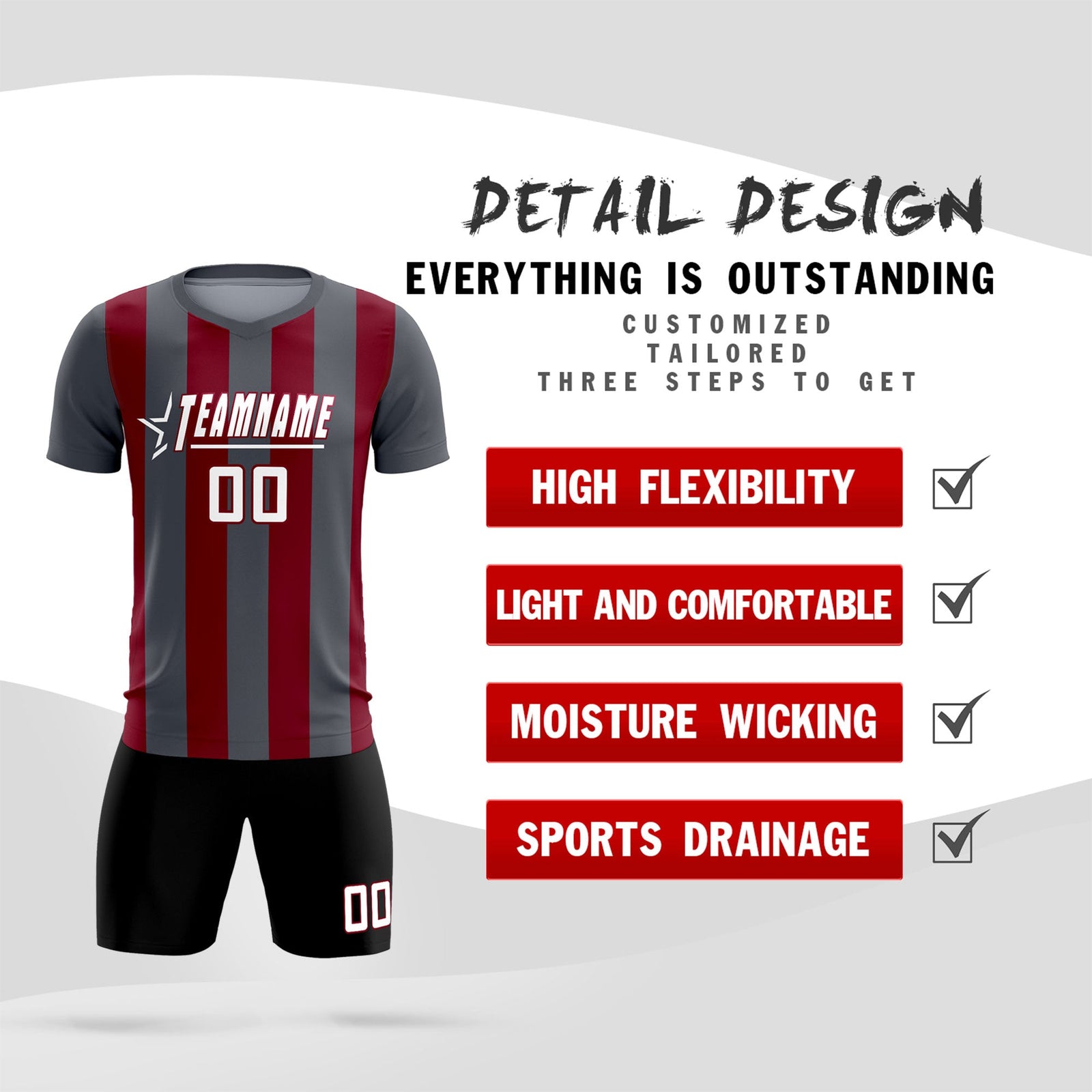 Custom Dark Gray Crimson Vertical Stripes Casual Outdoor Soccer Sets Jersey