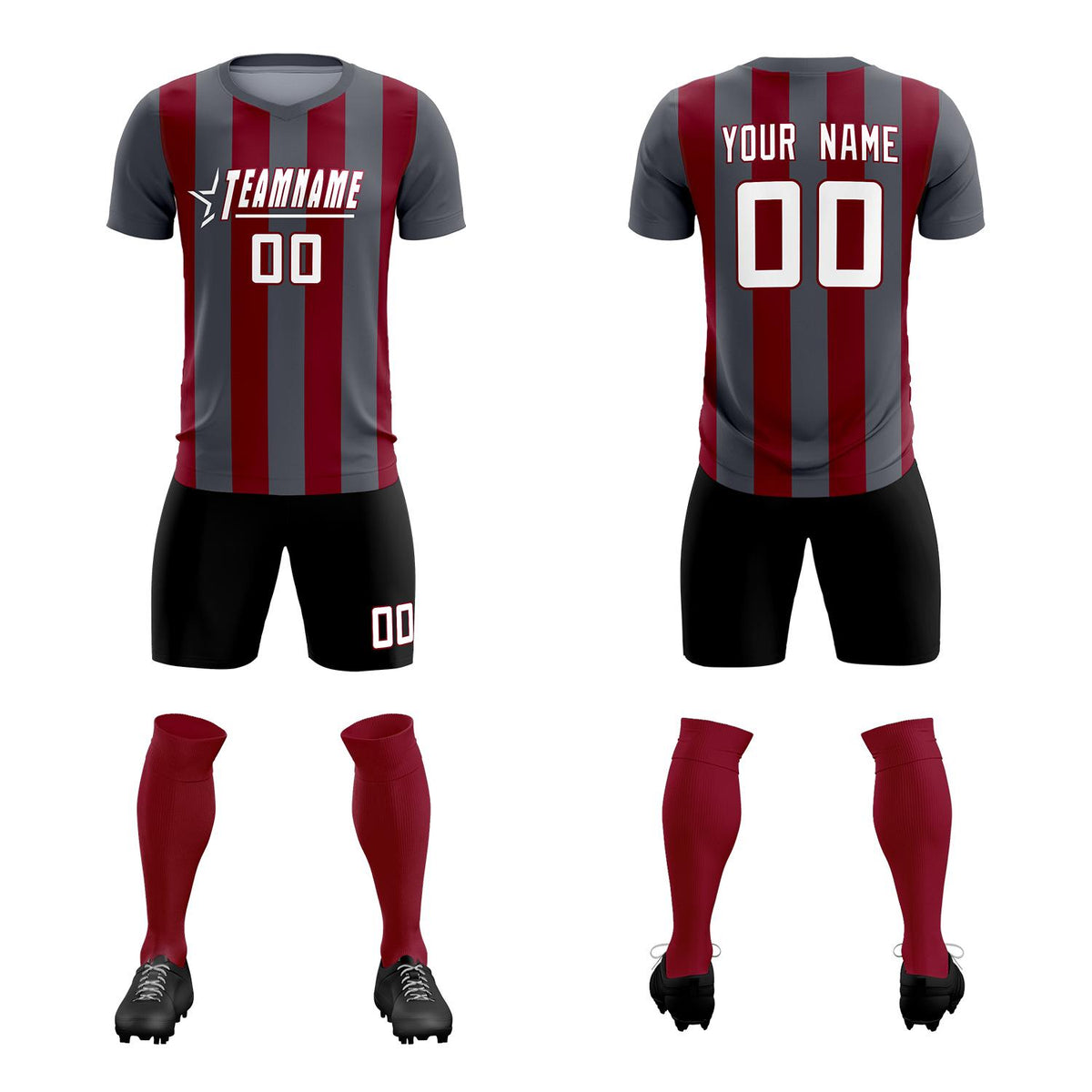 Custom Dark Gray Crimson Vertical Stripes Casual Outdoor Soccer Sets Jersey