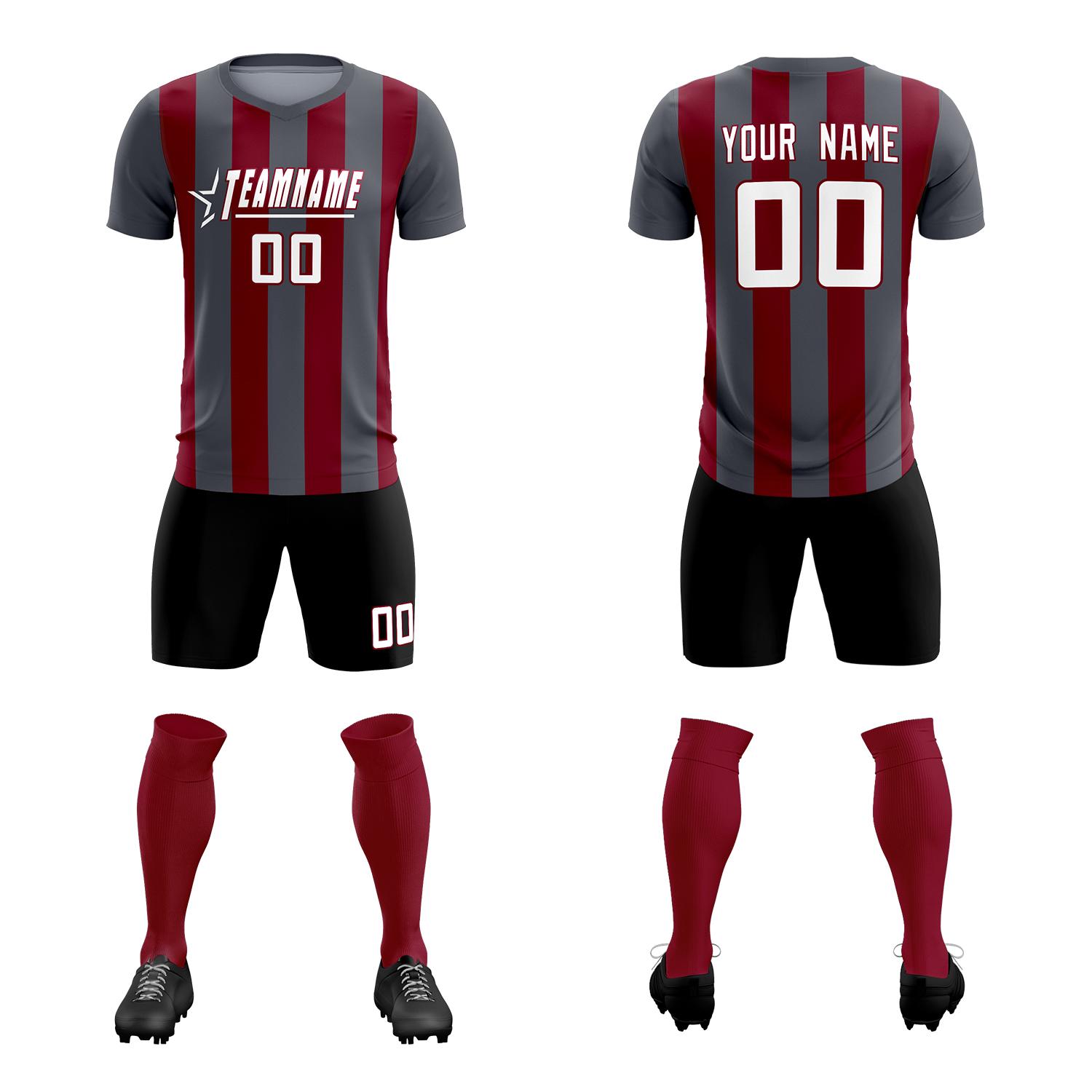 Custom Dark Gray Crimson Vertical Stripes Casual Outdoor Soccer Sets Jersey