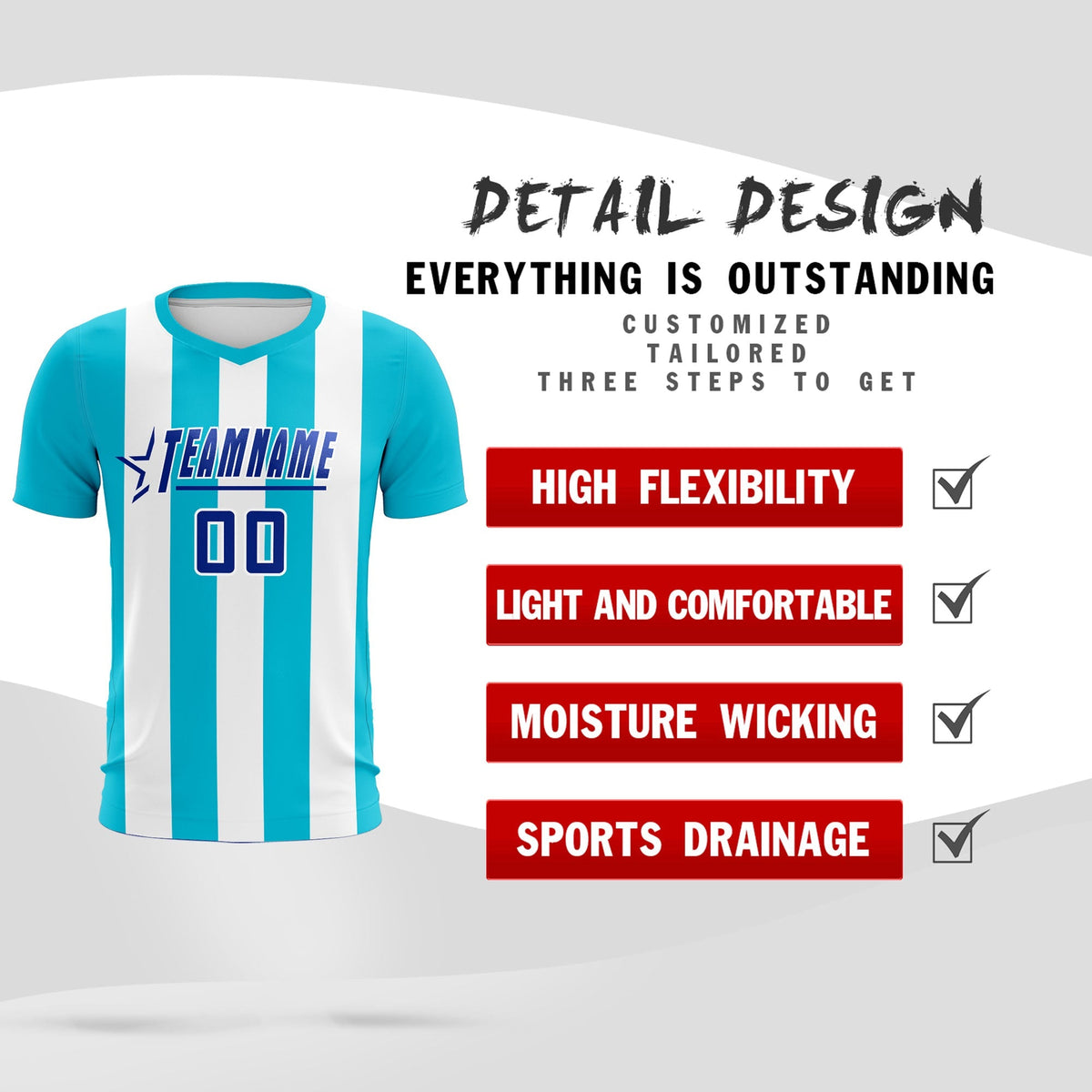 Custom White Sky Blue Vertical Stripes Casual Outdoor Soccer Sets Jersey