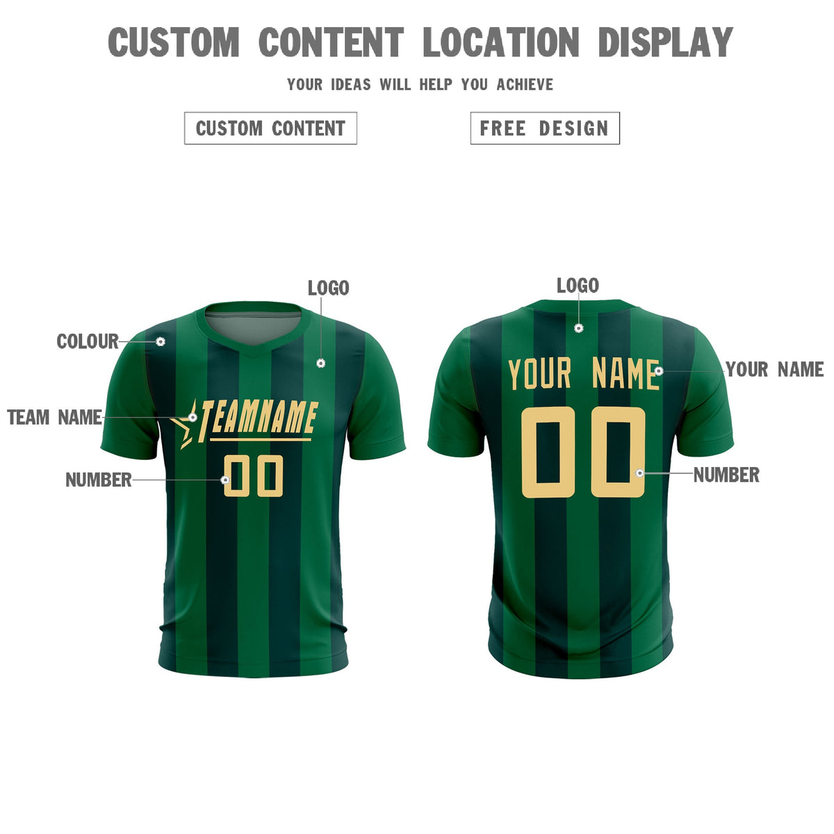 Custom Kelly Green Midnight Green Vertical Stripes Casual Outdoor Soccer Sets Jersey
