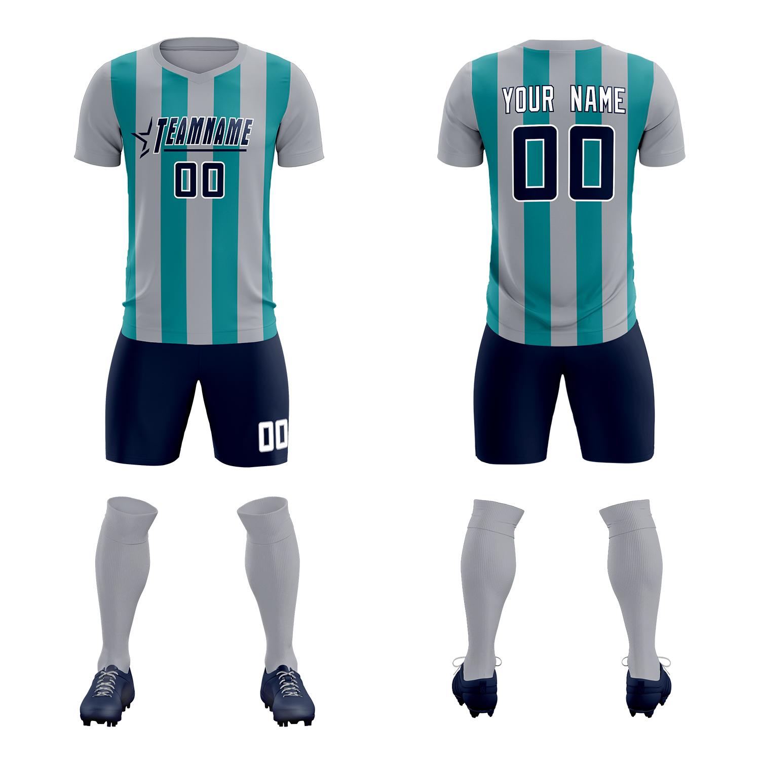 Custom Gray Aqua Vertical Stripes Casual Outdoor Soccer Sets Jersey