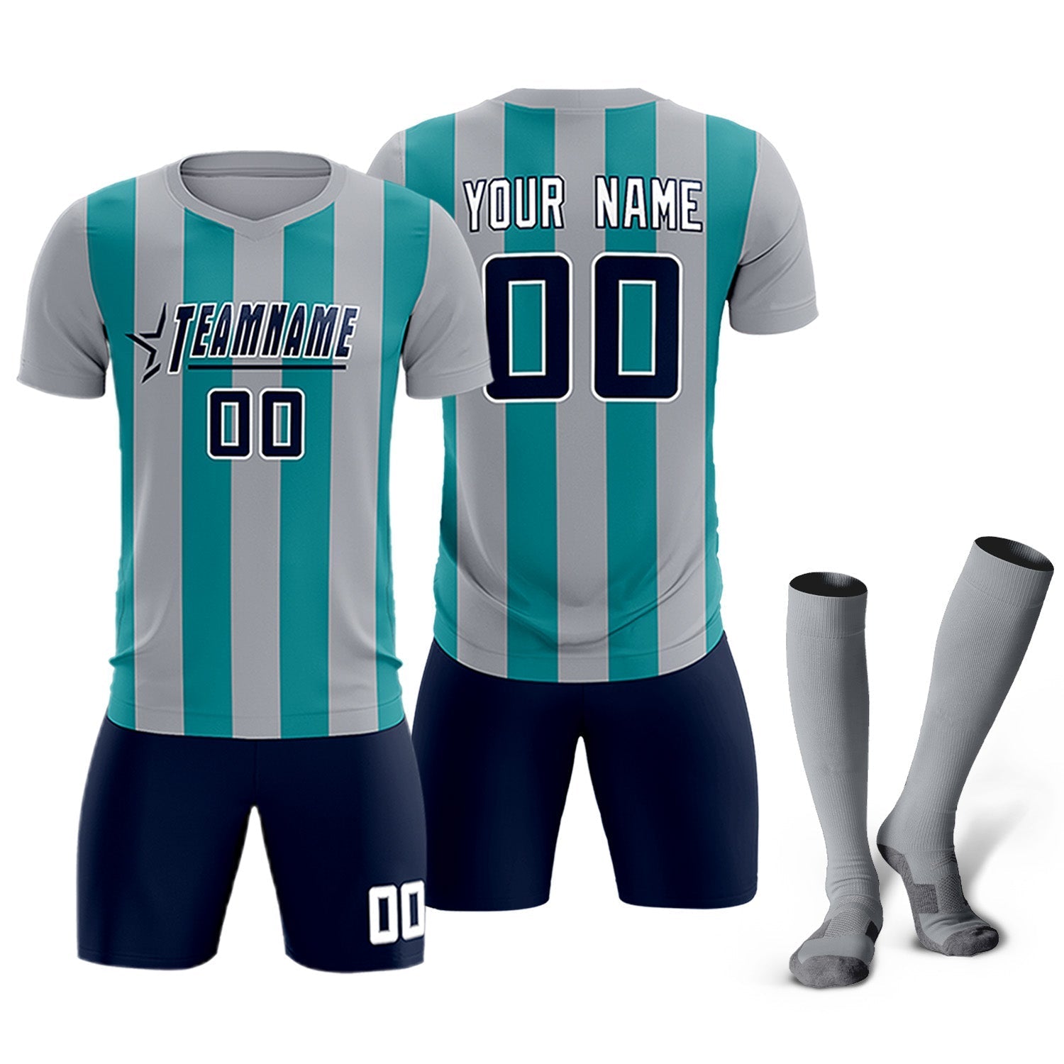 Custom Gray Aqua Vertical Stripes Casual Outdoor Soccer Sets Jersey