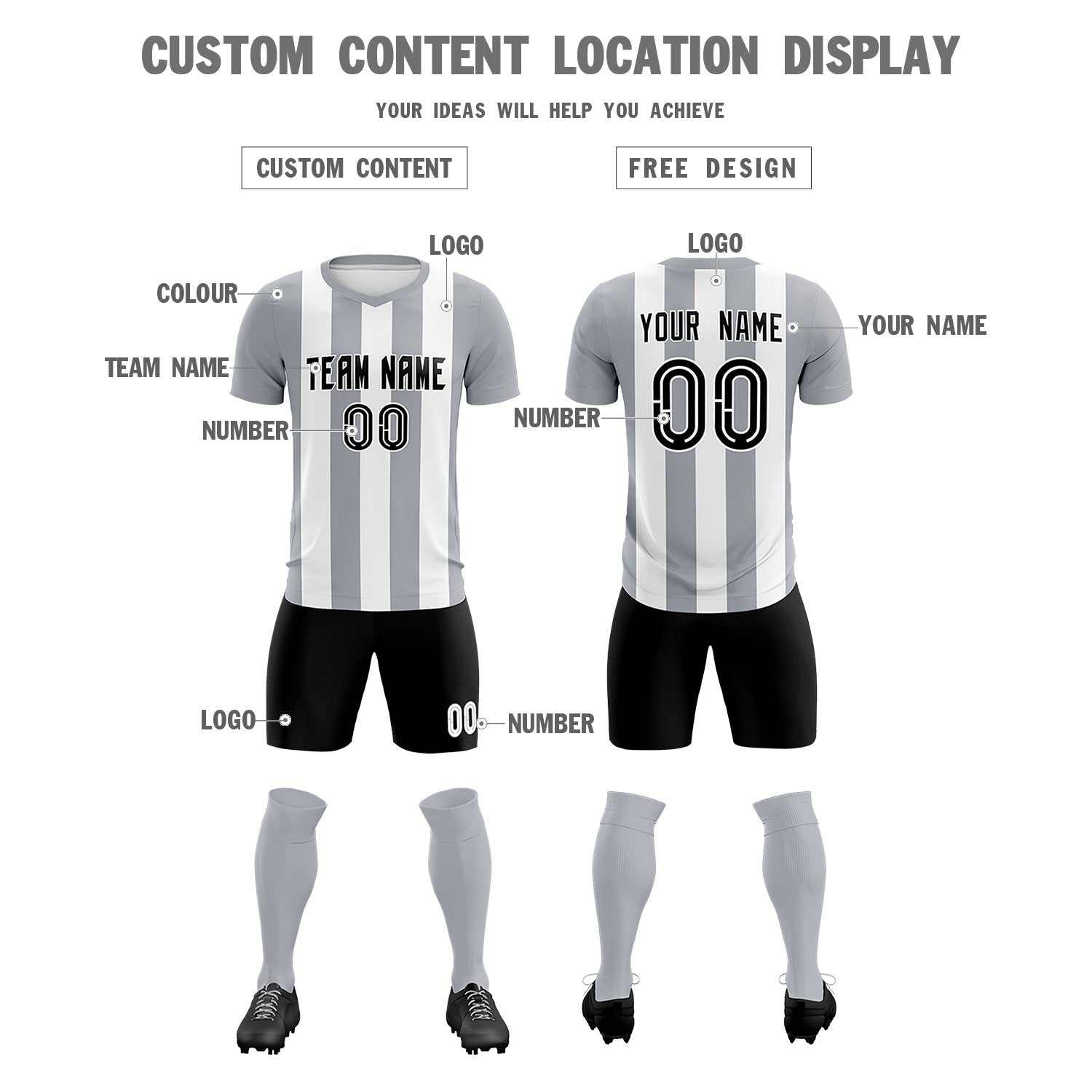 Custom White Gray Vertical Stripes Casual Outdoor Soccer Sets Jersey