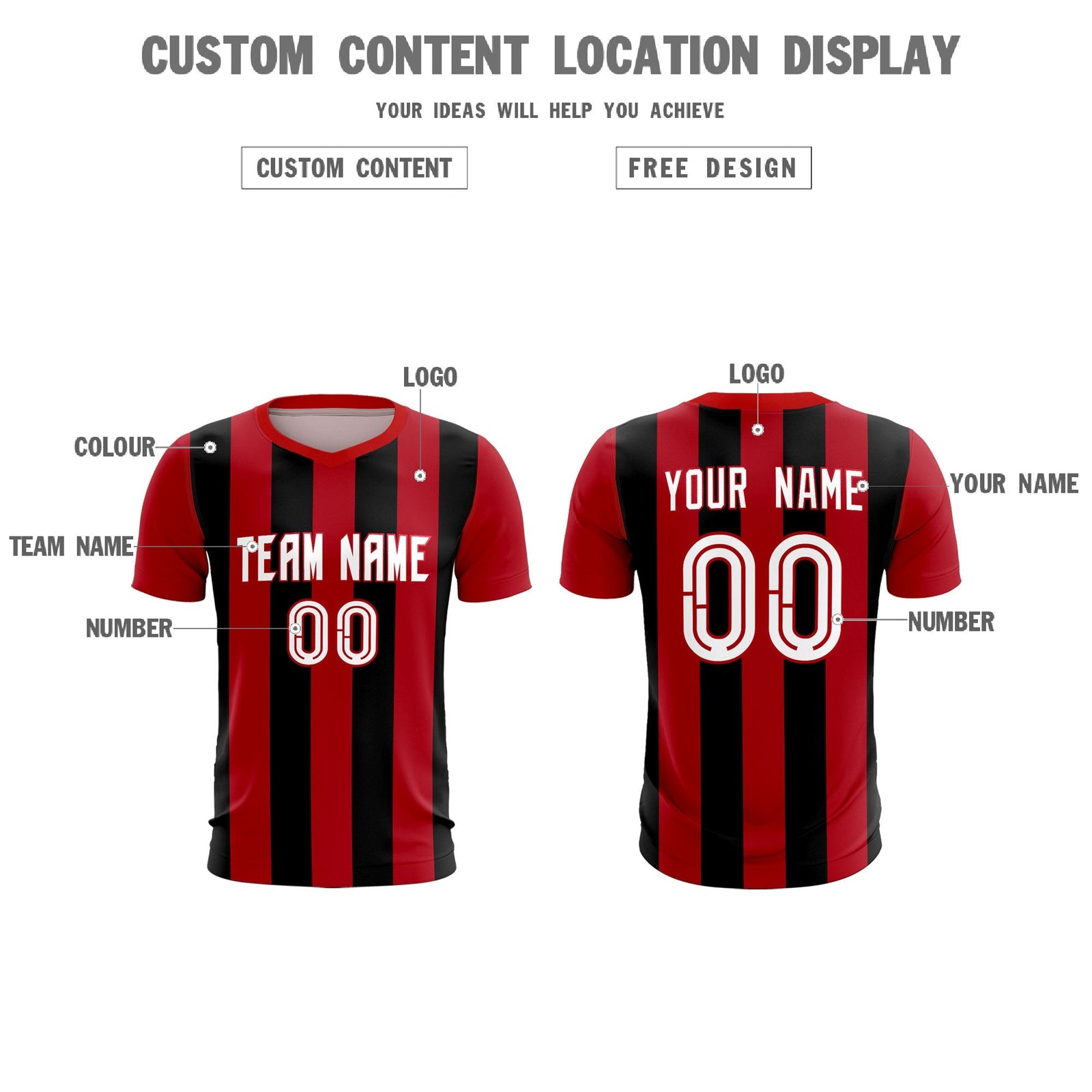 Custom Red Black Vertical Stripes Casual Outdoor Soccer Sets Jersey