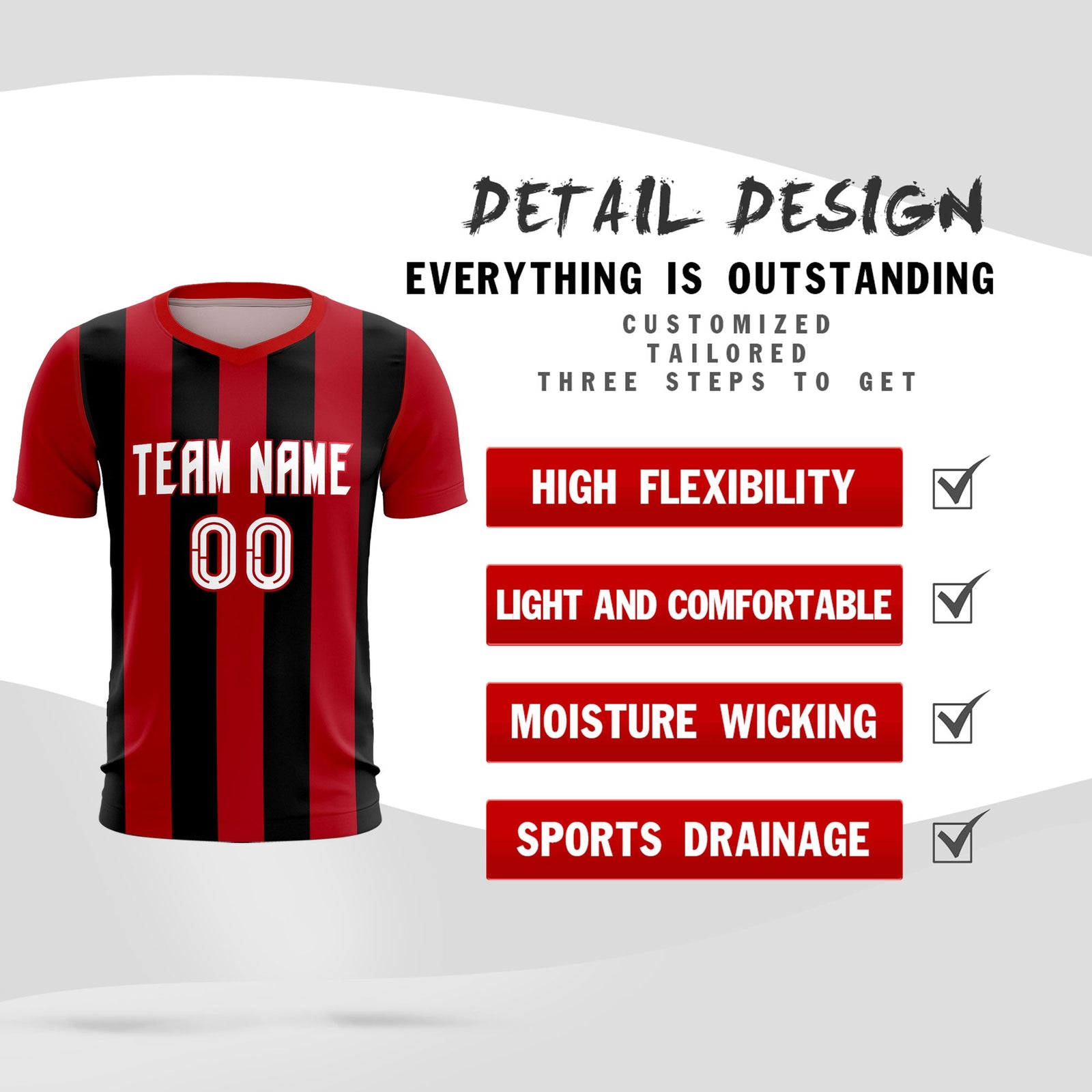 Custom Red Black Vertical Stripes Casual Outdoor Soccer Sets Jersey