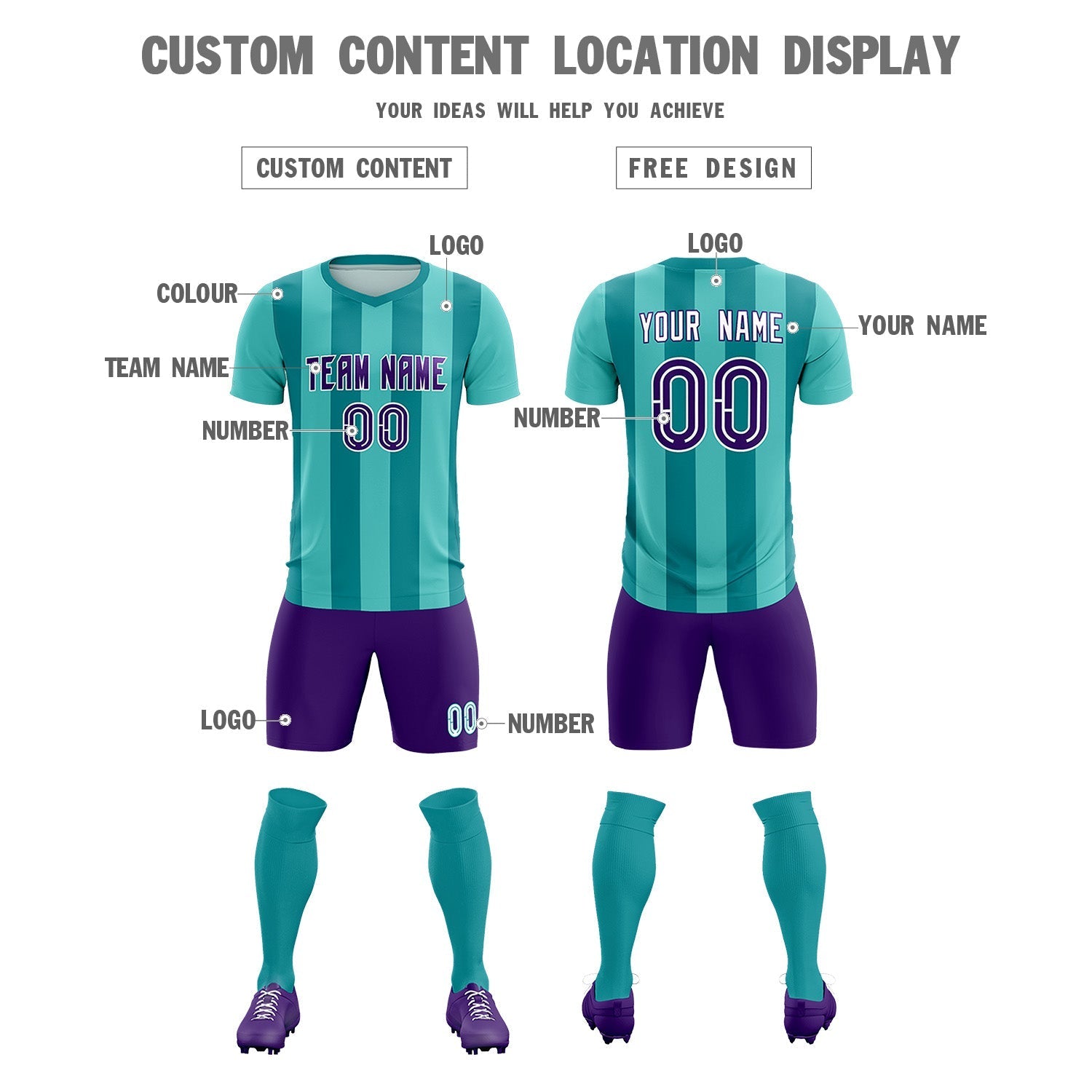 Custom Bright Green Aqua Vertical Stripes Casual Outdoor Soccer Sets Jersey