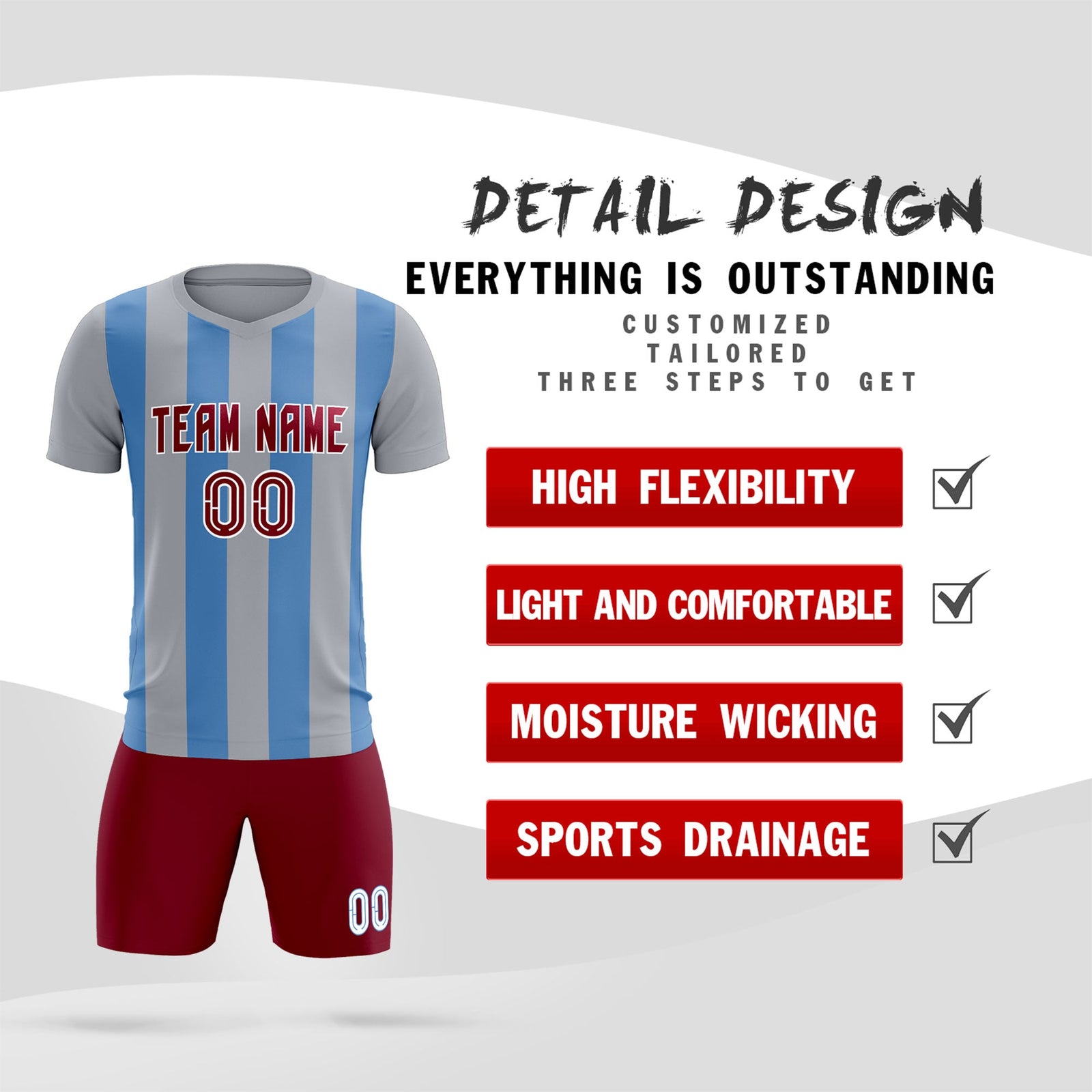 Custom Gray Light Blue Vertical Stripes Casual Outdoor Soccer Sets Jersey