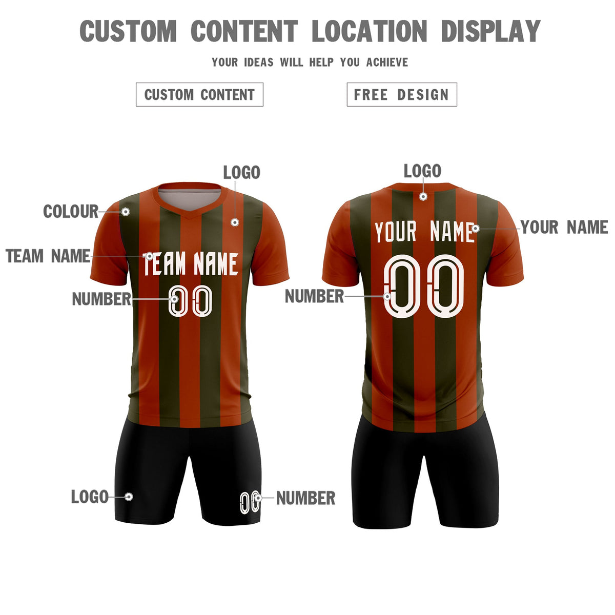 Custom Texas Orange Olive Vertical Stripes Casual Outdoor Soccer Sets Jersey