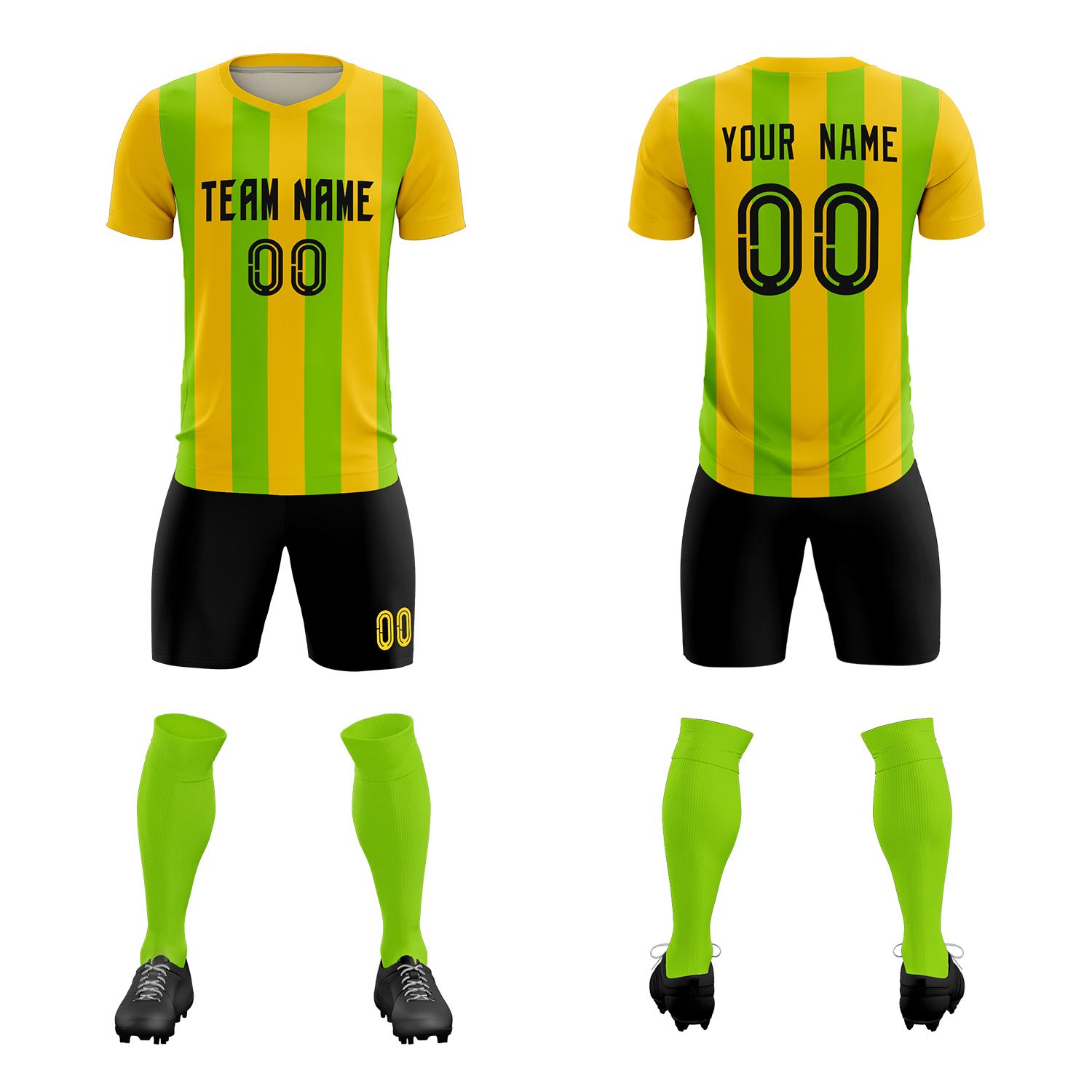 Custom Gold Neon Green Vertical Stripes Casual Outdoor Soccer Sets Jersey