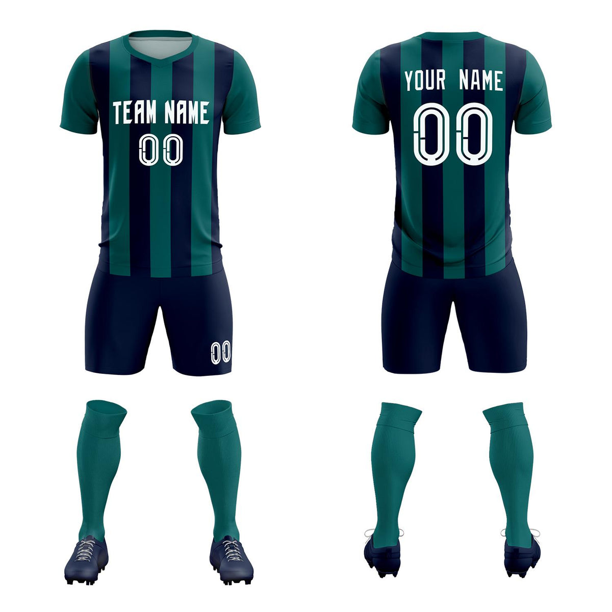 Custom Aqua Navy Vertical Stripes Casual Outdoor Soccer Sets Jersey
