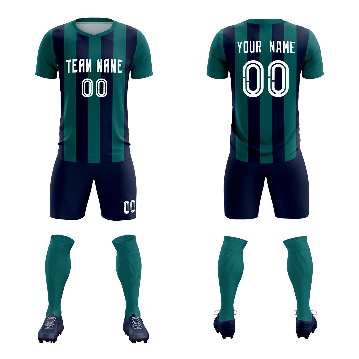 Custom Aqua Navy Vertical Stripes Casual Outdoor Soccer Sets Jersey