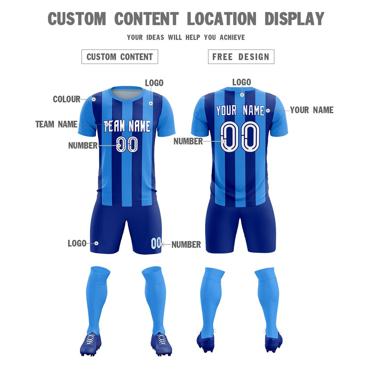 Custom Powder Blue Royal Vertical Stripes Casual Outdoor Soccer Sets Jersey