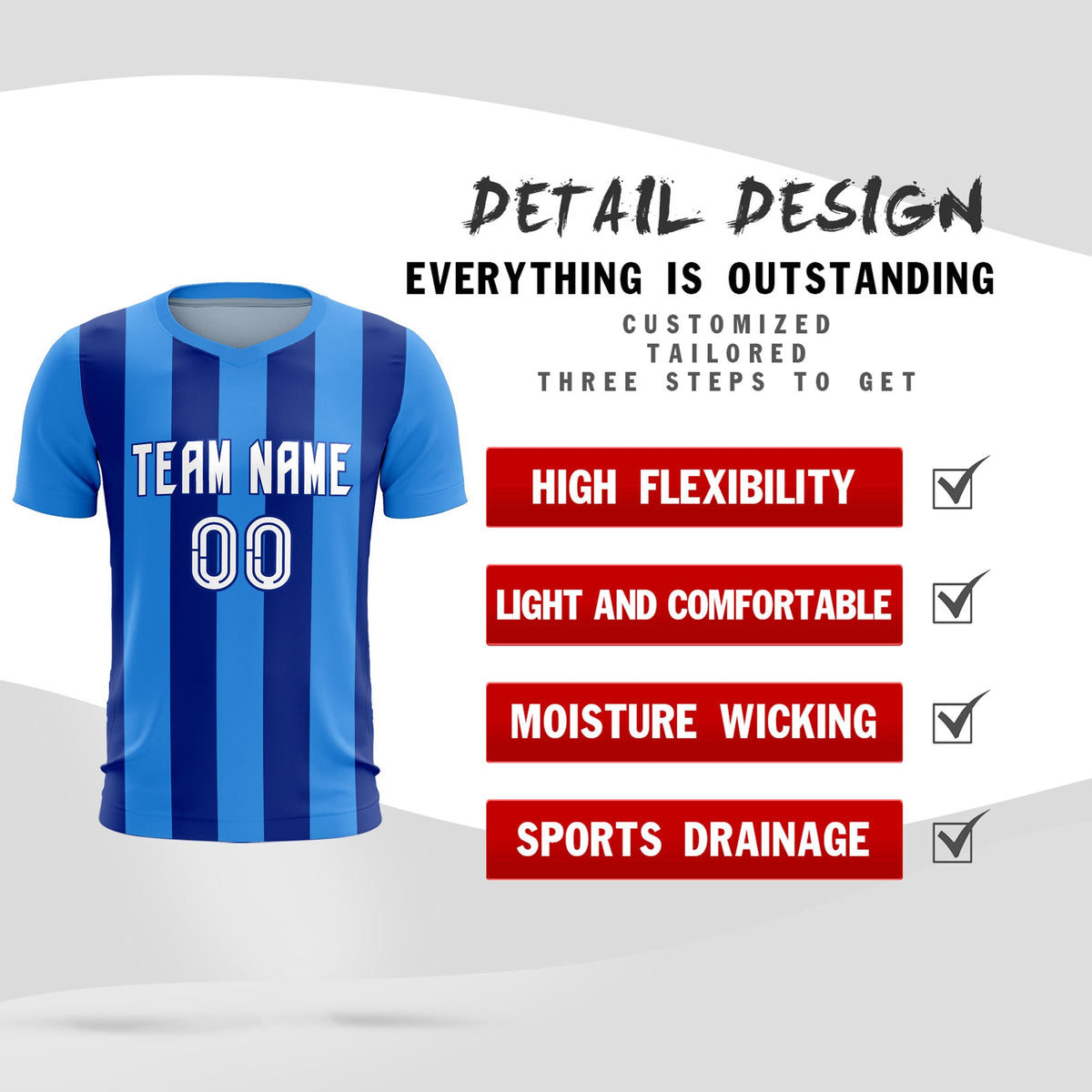 Custom Powder Blue Royal Vertical Stripes Casual Outdoor Soccer Sets Jersey