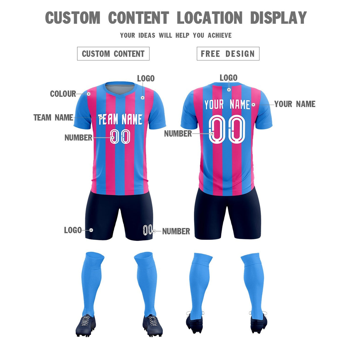 Custom Powder Blue Pink Vertical Stripes Casual Outdoor Soccer Sets Jersey