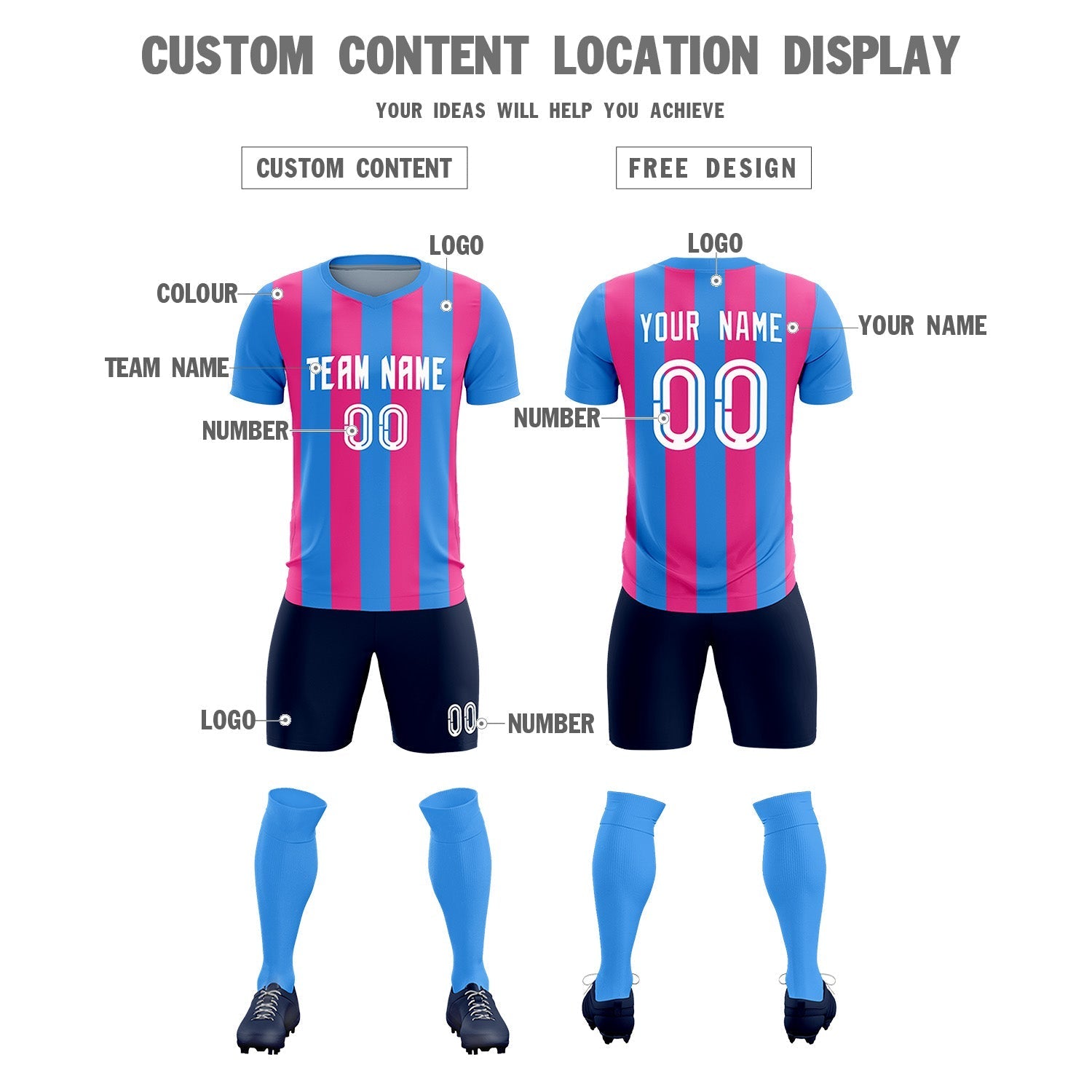Custom Powder Blue Pink Vertical Stripes Casual Outdoor Soccer Sets Jersey