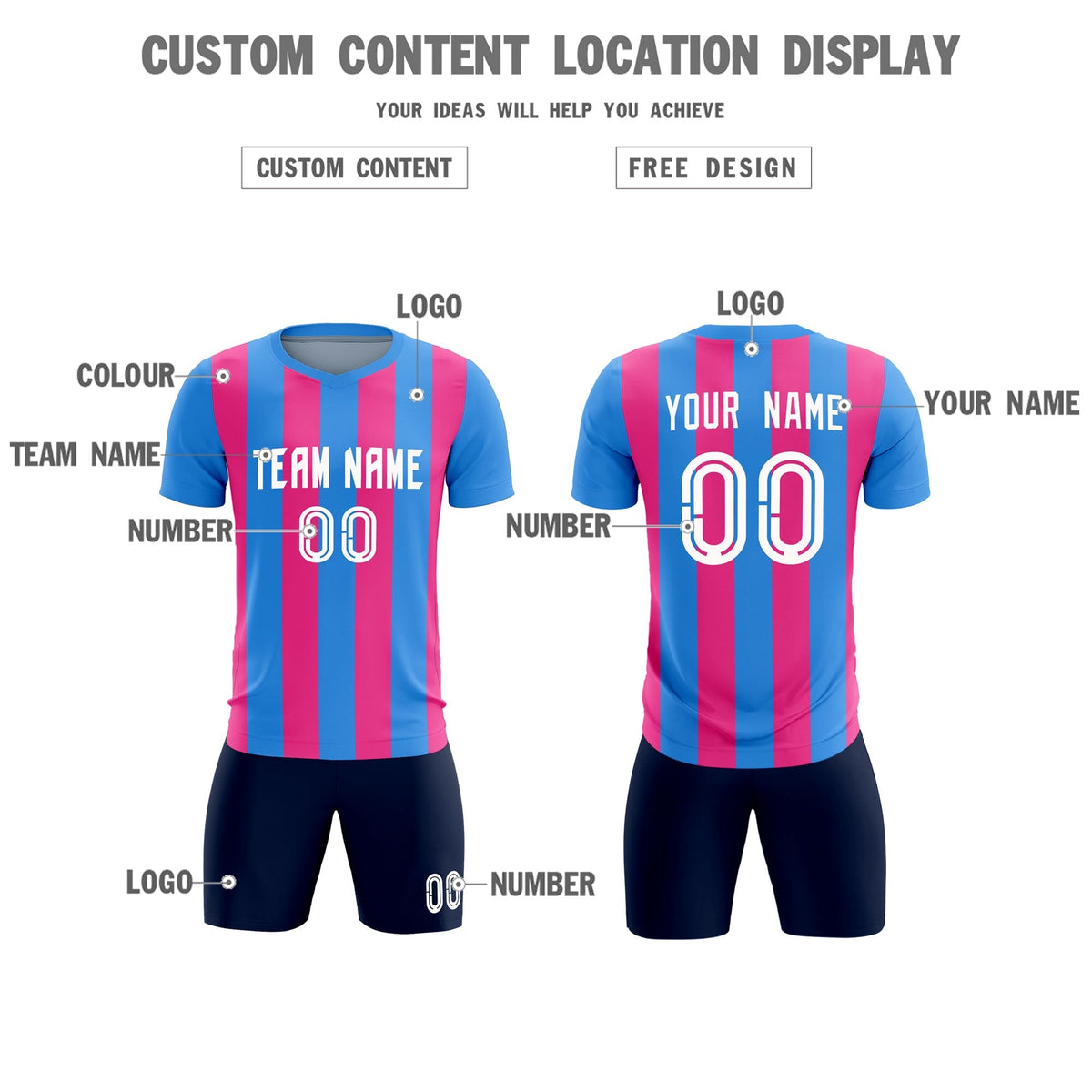 Custom Powder Blue Pink Vertical Stripes Casual Outdoor Soccer Sets Jersey