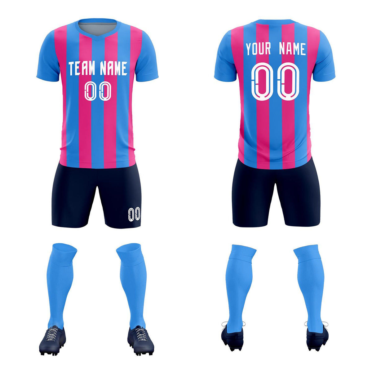 Custom Powder Blue Pink Vertical Stripes Casual Outdoor Soccer Sets Jersey