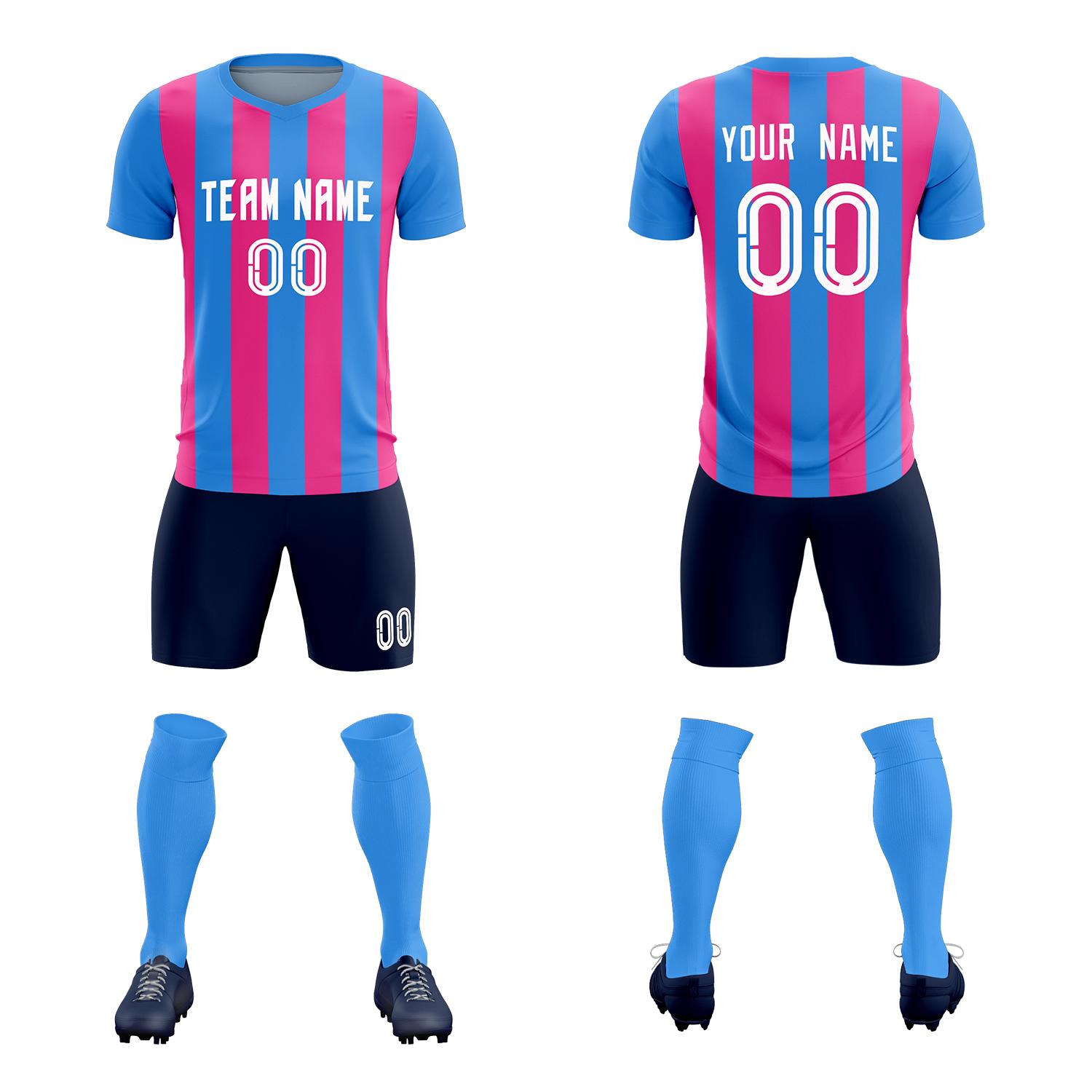 Custom Powder Blue Pink Vertical Stripes Casual Outdoor Soccer Sets Jersey