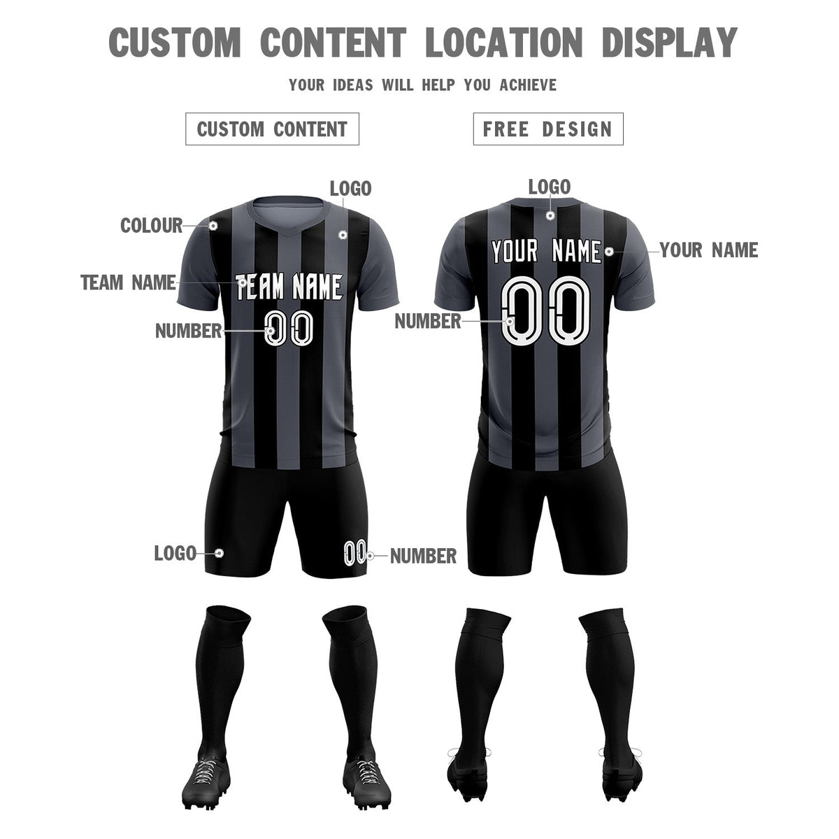 Custom Dark Gray Black Vertical Stripes Casual Outdoor Soccer Sets Jersey