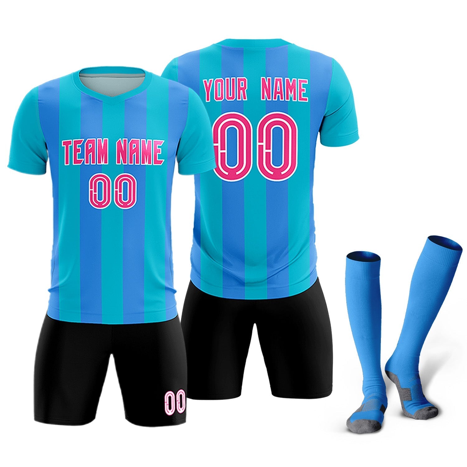 Custom Sky Blue Powder Blue Vertical Stripes Casual Outdoor Soccer Sets Jersey