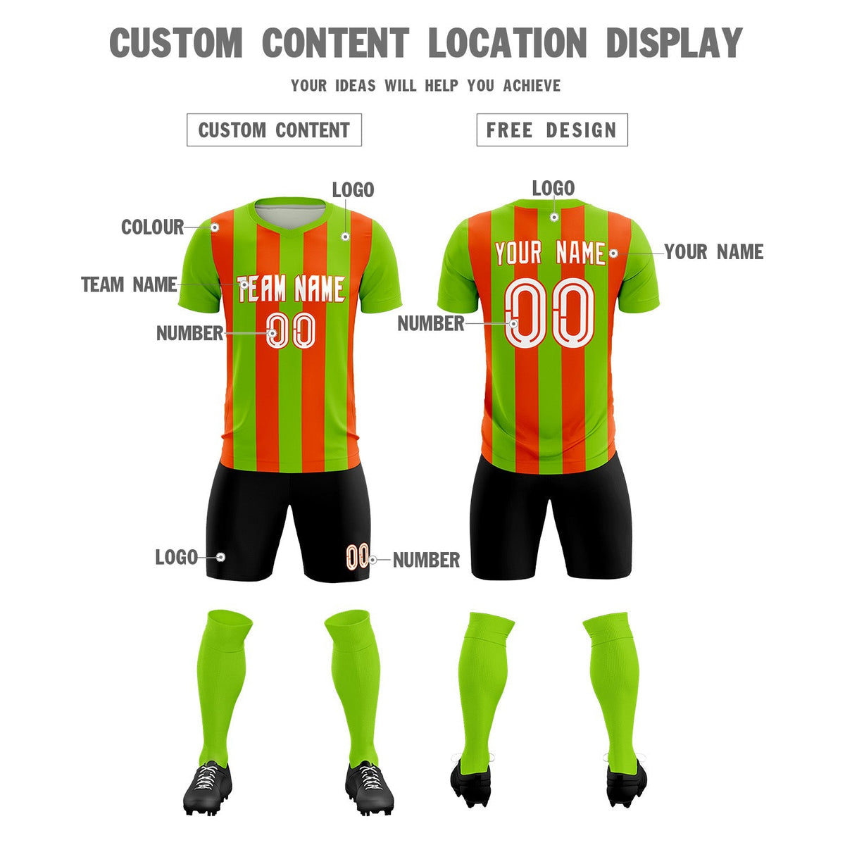 Custom Neon Green Orange Vertical Stripes Casual Outdoor Soccer Sets Jersey