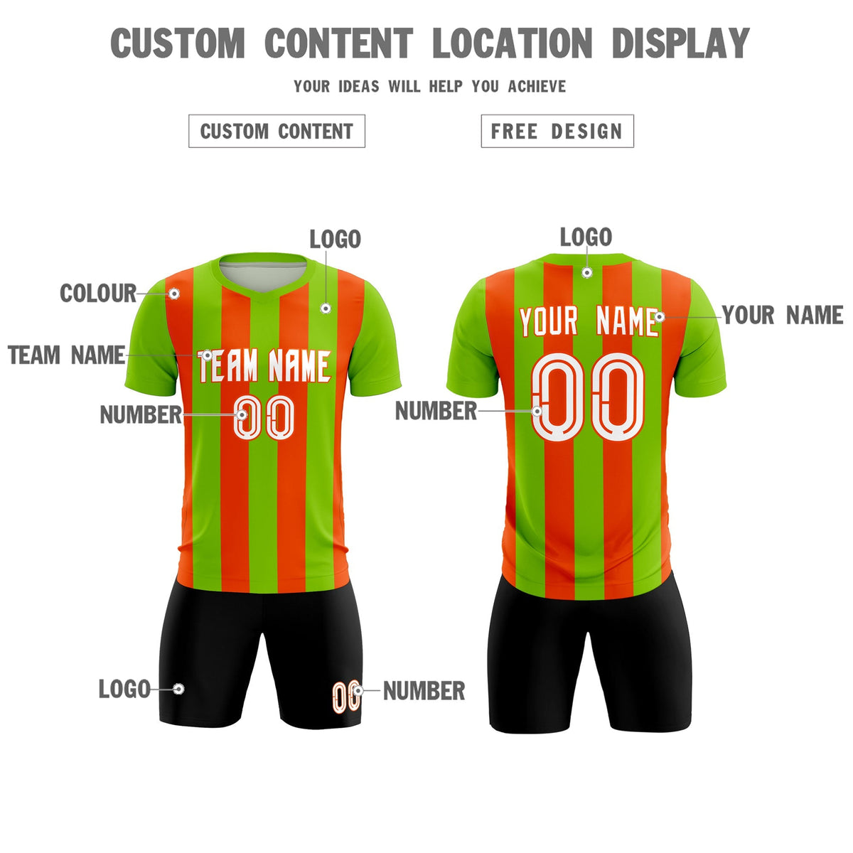 Custom Neon Green Orange Vertical Stripes Casual Outdoor Soccer Sets Jersey