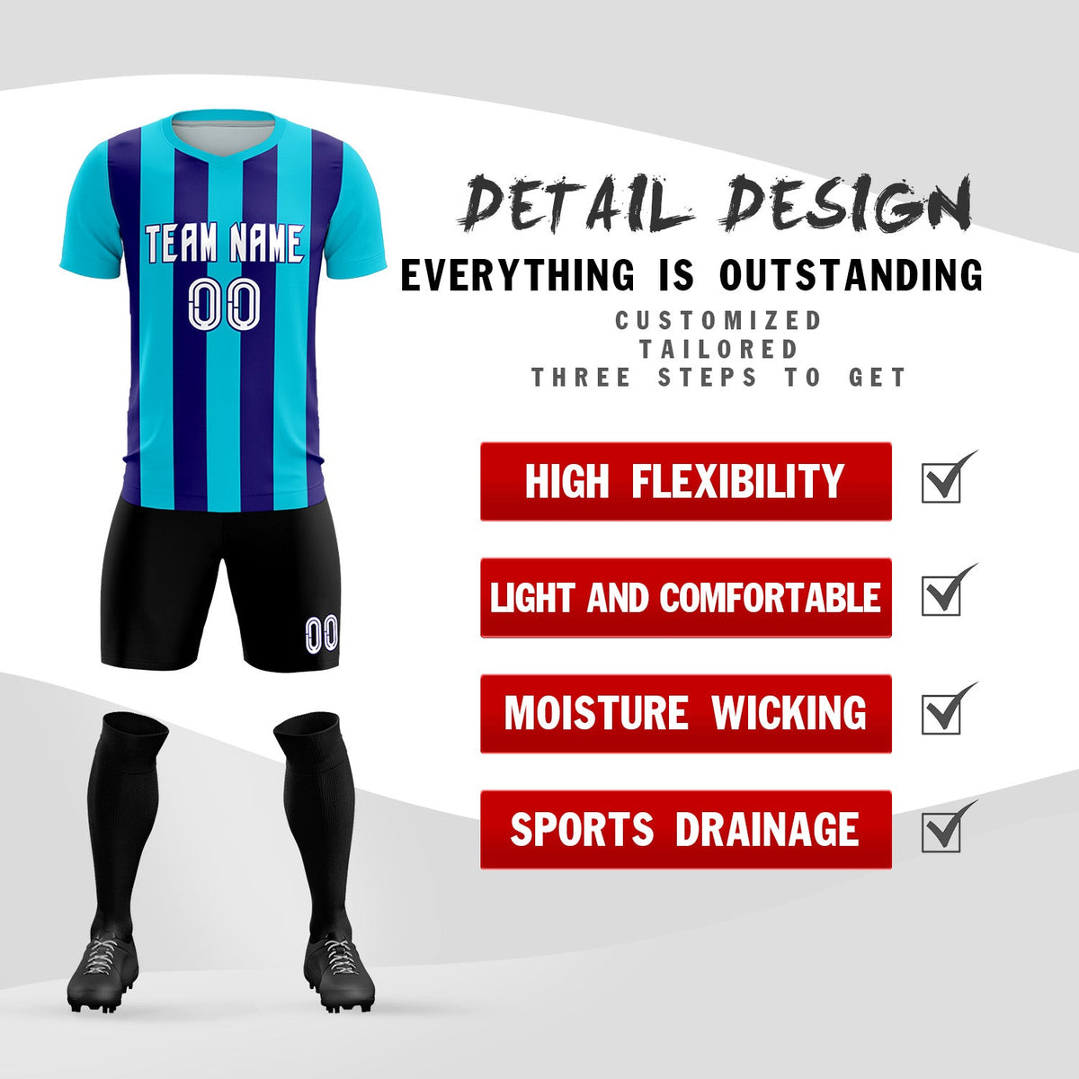 Custom Sky Blue Royal Vertical Stripes Casual Outdoor Soccer Sets Jersey