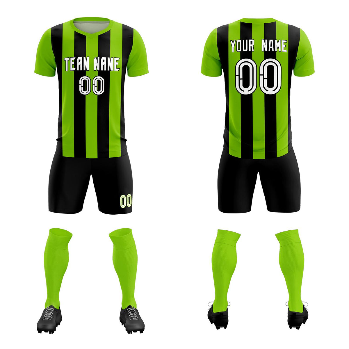 Custom Neon Green Black Vertical Stripes Casual Outdoor Soccer Sets Jersey