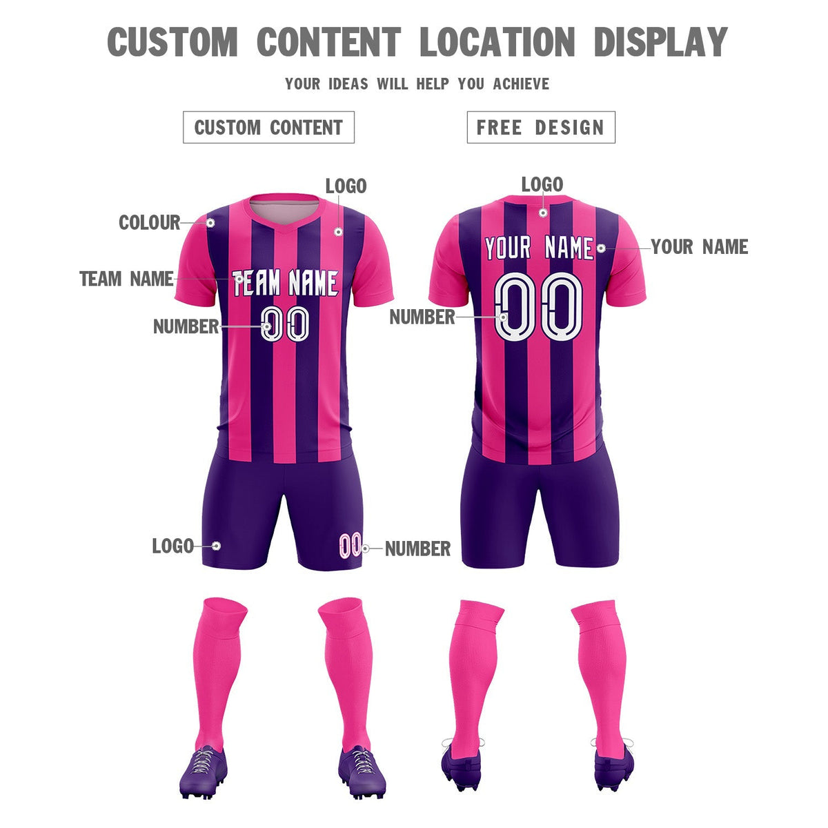 Custom Pink Purple Vertical Stripes Casual Outdoor Soccer Sets Jersey
