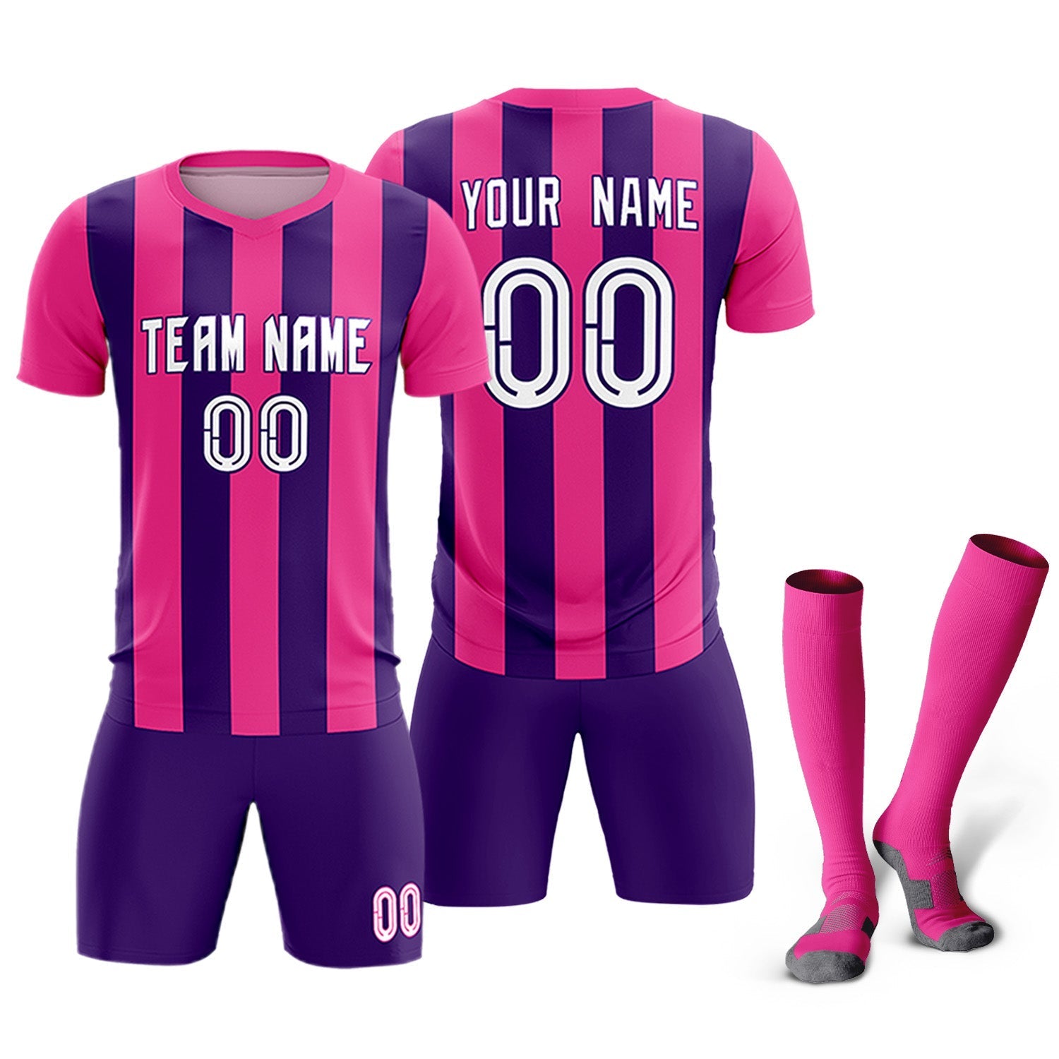 Custom Pink Purple Vertical Stripes Casual Outdoor Soccer Sets Jersey